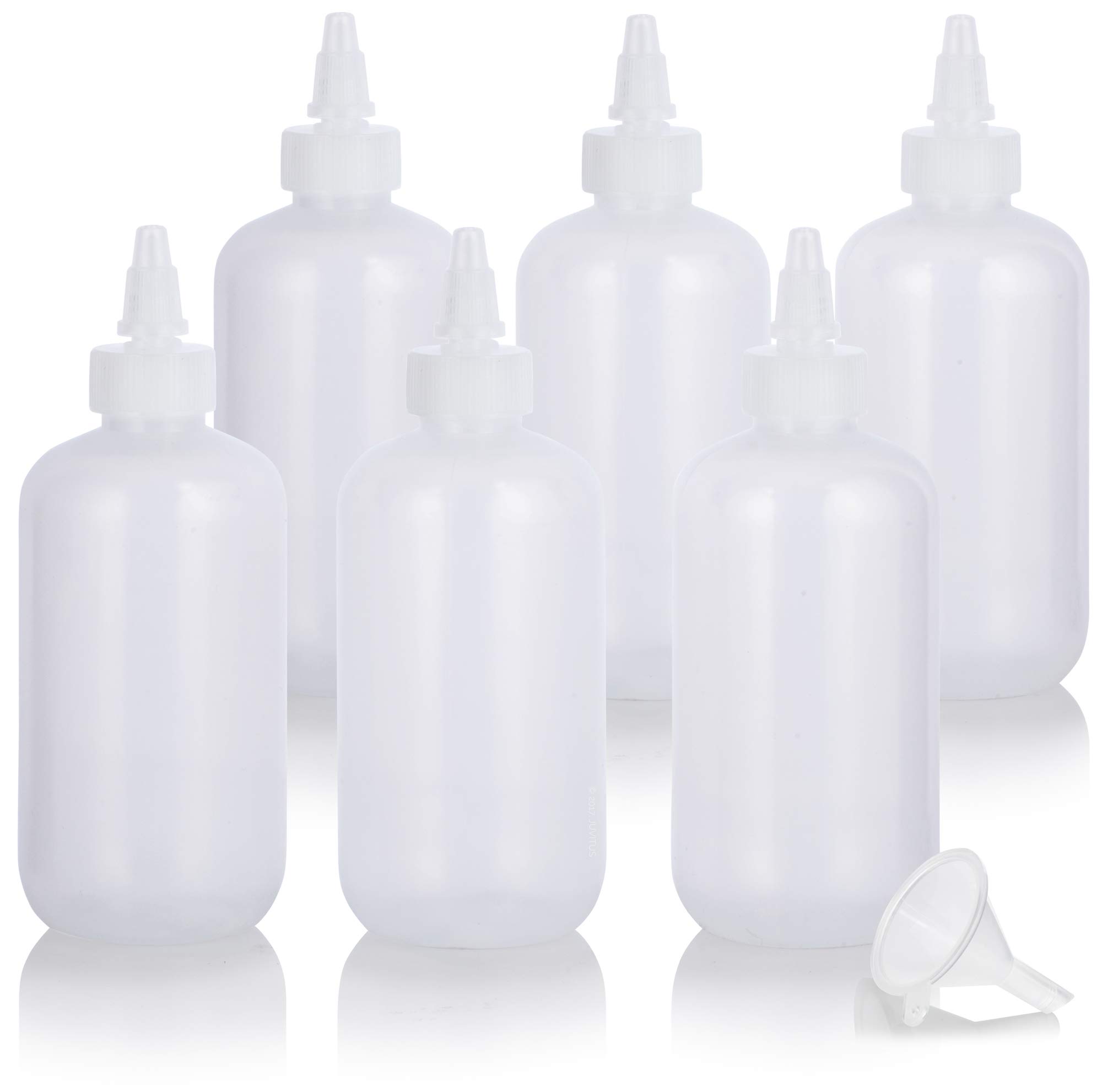 JUVITUS 8 oz Clear LDPE Plastic Squeeze Bottles with Twist Caps (6 Pack) - Leak Proof Travel Containers for Toiletries, Cosmetics, Essential Oils & DIY Liquids + Bonus Funnel Included