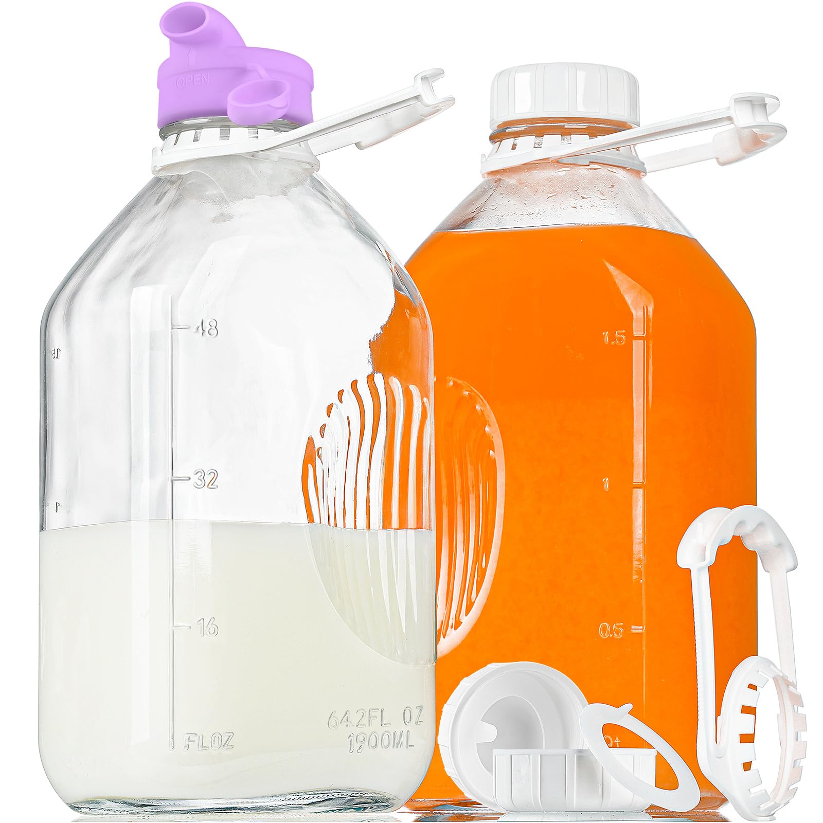 2 Pack 64 Oz Glass Milk Bottle with Dispenser Cap & Reusable Airtight Screw Lid - Heavy Duty 2 Qt Water Bottle with Measurement Lines - Perfect for Milk, Juice, Iced Tea Storage & Pouring - Ideal for Kitchen, Restaurant, Coffee Shop Use