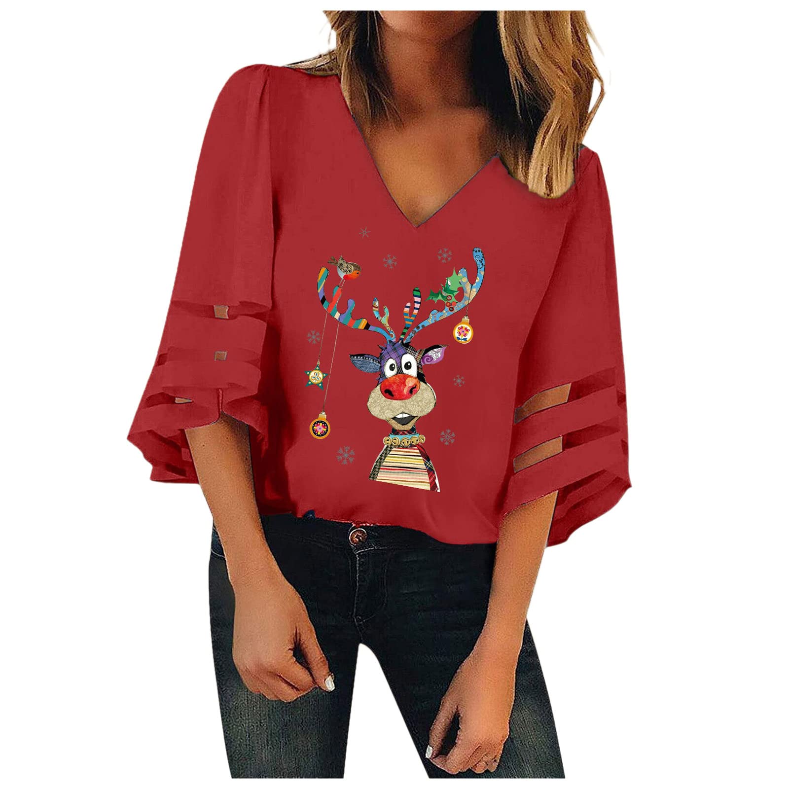 Women's Loose V-Neck Mesh Blouse Top with Christmas Sleeves - Casual Hoodie & Sweatshirt for Holiday Parties, Office Wear & Everyday Fashion