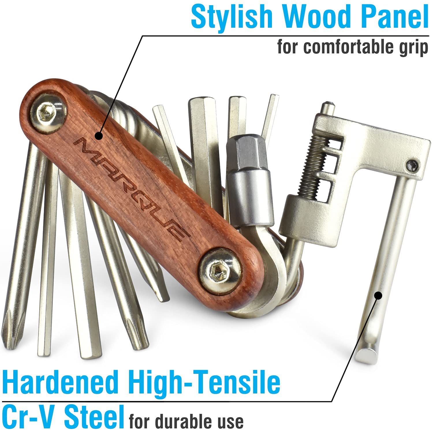 MARQUE Adjustable Bike Torque Wrench & Compact Cycling Multitool with Wood Handle - Perfect for Road Bikes, Mountain Bikes & DIY Bike Maintenance