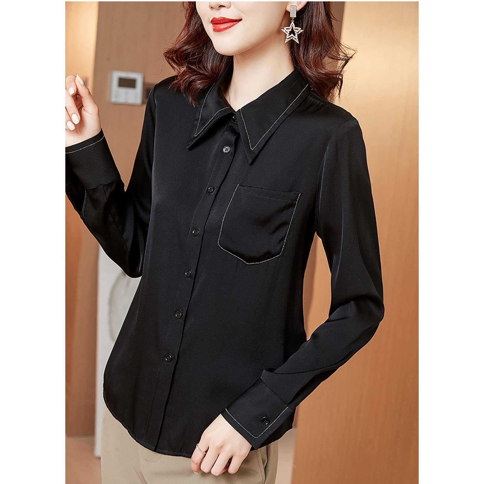 Women's Silky Button Down Long Sleeve Blouse - Plain Casual Work Office Top (Black, XL) | Perfect for Business Attire, Professional Meetings & Formal Occasions