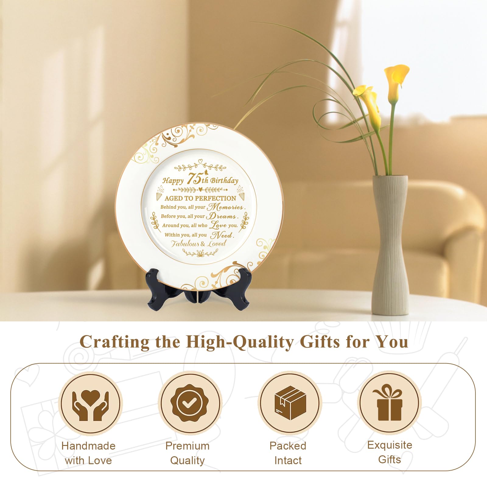 75th Birthday Gifts for Women & Men - Elegant 9 Inch Commemorative Plate with 24K Gold Foil Decorations | Perfect Retirement Gift for Parents, Wife, Husband | Great for Milestone Celebrations & Home Decor