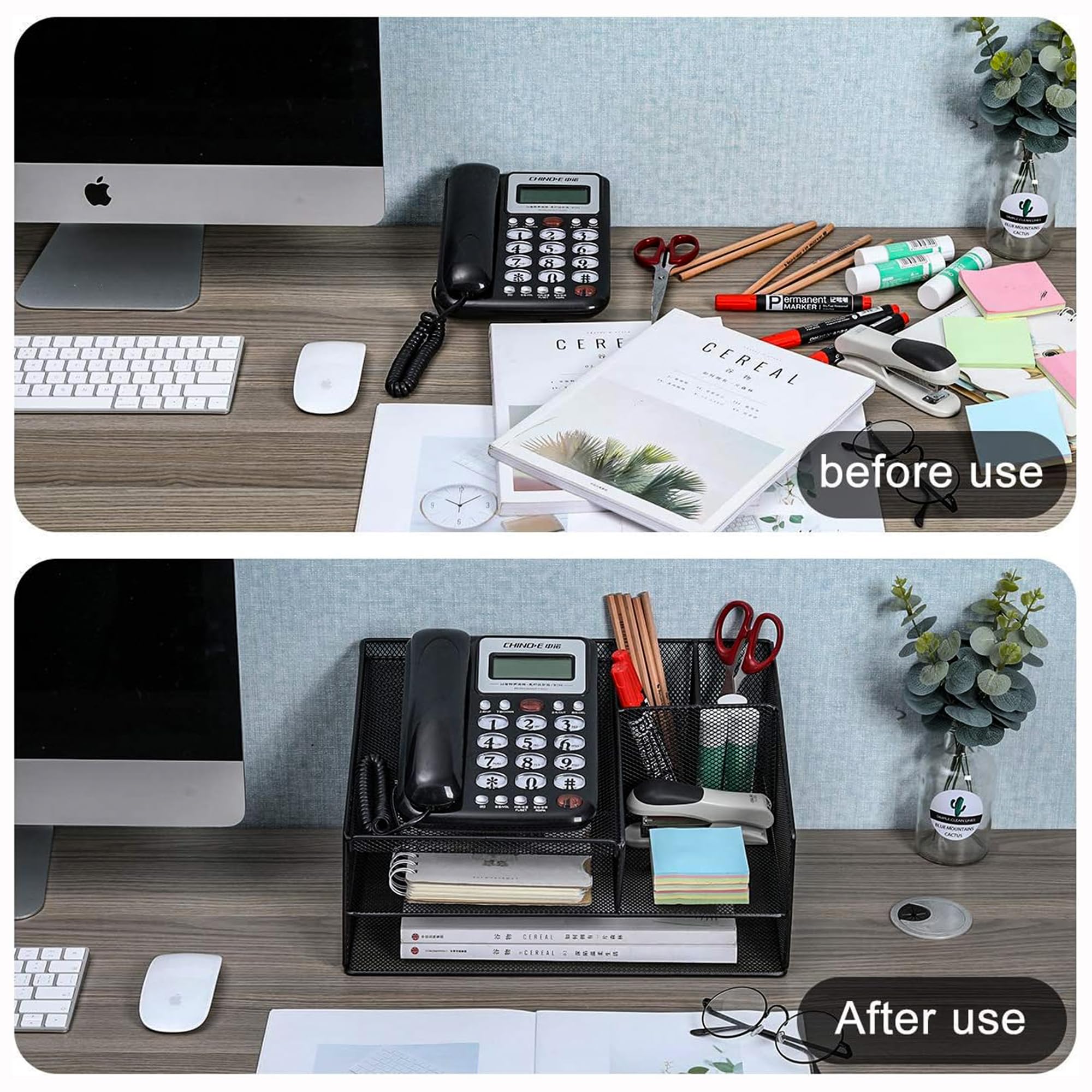 Black Desk Organizer with Phone Stand & Letter Tray - Office Supplies Holder for Pens, Pencils & Mobile Devices | Perfect for Office, School & Home Workspace Organization