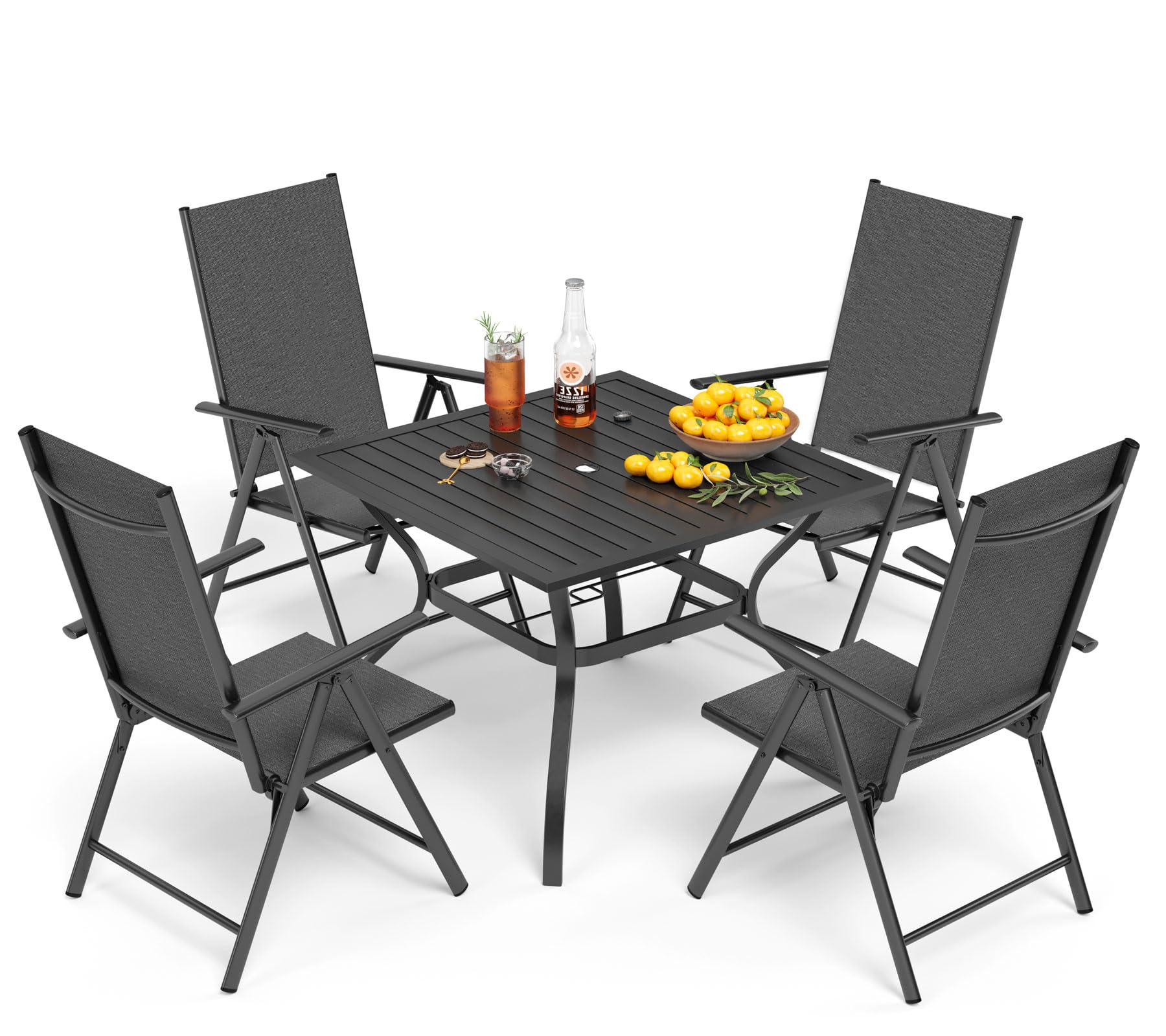 PHI VILLA 5-Piece Outdoor Patio Dining Set with Square Table & 4 Adjustable Folding Chairs - Black - Perfect for Backyard, Garden, Deck or Poolside Entertaining (Includes 1.57