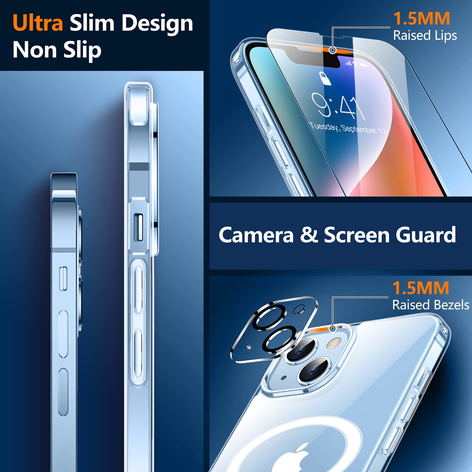 SPIDERCASE for iPhone 14 & iPhone 15 - 15FT Military Grade Drop Proof Magnetic Clear Case with Tempered Glass Screen Protectors & Camera Lens Protectors (2 Pack) | Slim Protective Cover for Everyday Use, Work & Outdoor Activities
