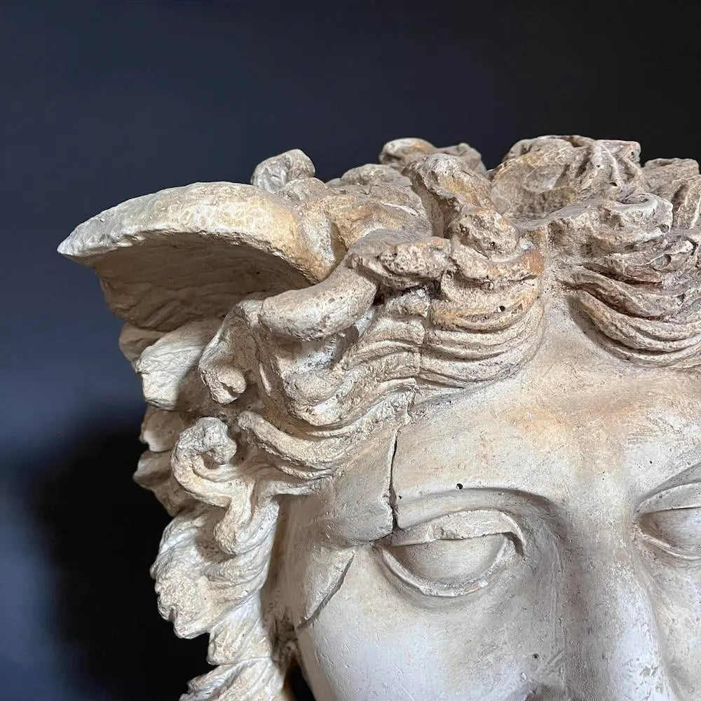 Medusa Head Gypsum Sculpture on Pedestal - Greek Mythology Decor for Home, Office & Garden