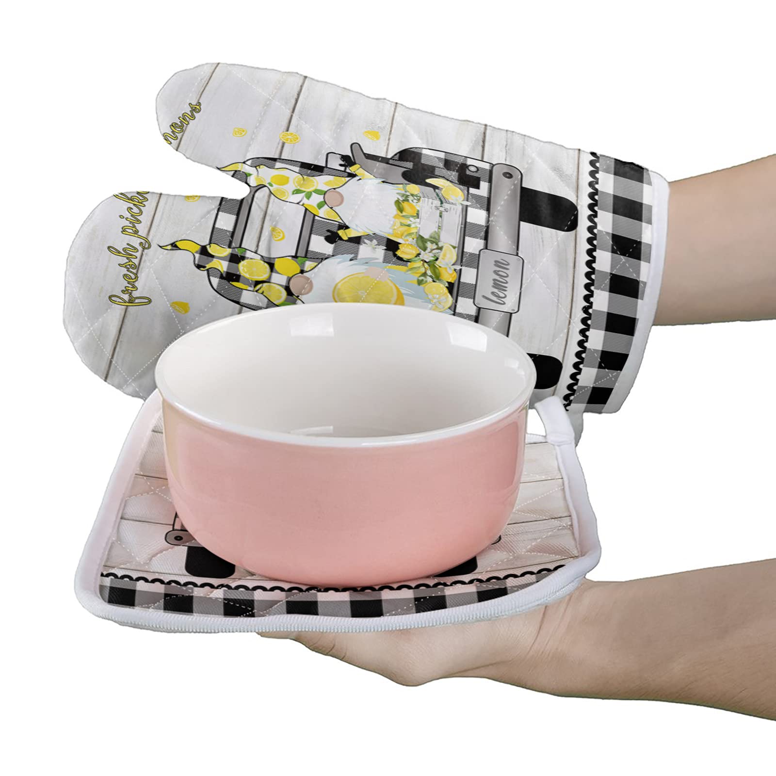 Heat Resistant Oven Mitts & Pot Holders Set - 2 Pcs Quilted Cotton Lined Kitchen Gloves for Baking, Cooking, Grilling - Lemon Truck Black White Plaid Design - Perfect for Summer BBQ, Holiday Baking & Everyday Kitchen Use