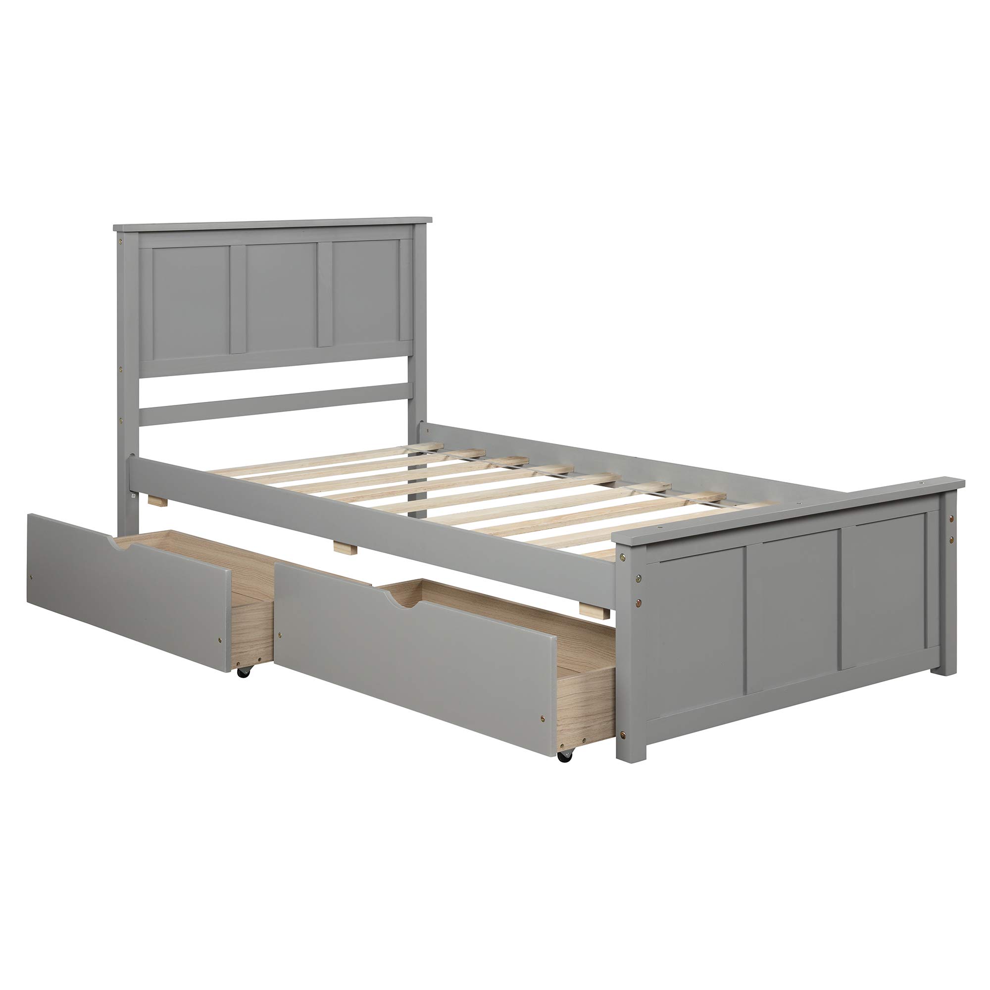 Danxee Twin Size Wooden Platform Bed Frame with 2 Storage Drawers, Wheels & Headboard - Grey Captain Storage Bed for Small Spaces | Perfect for Kids Rooms, Guest Bedrooms & Studio Apartments