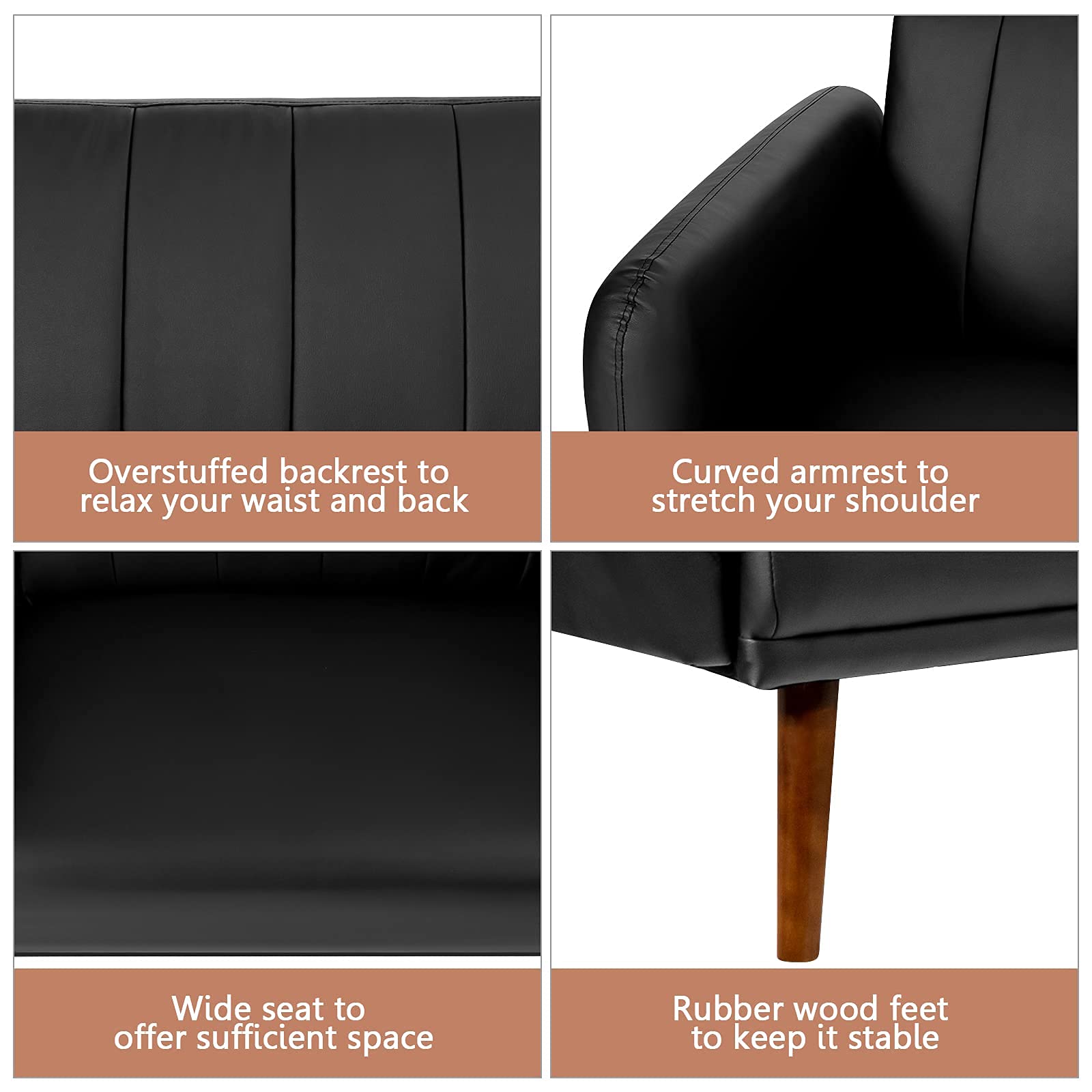 Giantex 3-Seater Convertible Futon Sofa Bed with High-Density Sponge, Adjustable Backrest & Rubber Wood Legs - Foldable Sleeper Couch with Armrests for Living Room, Bedroom, Office, Lounge & Small Spaces (Black) | Perfect for Guest Sleeping, Movie Nights & Compact Apartments
