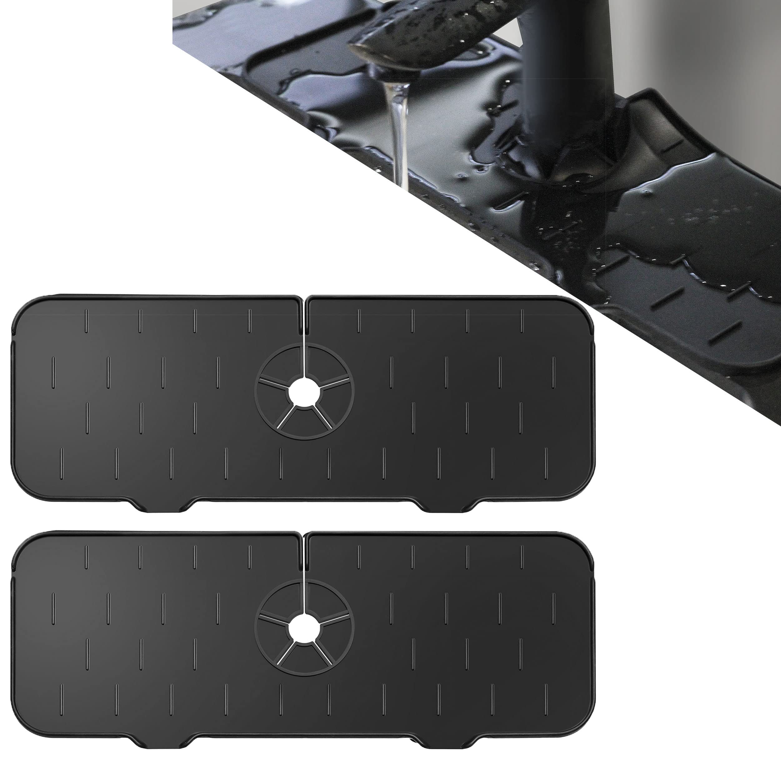 Techoln 4G Thickening Sink Faucet Water Catcher Mat - Non-Slip Kitchen & Bathroom Countertop Protector (2 Pack, Black) - Perfect for Splash Prevention & Surface Protection in Wet Areas