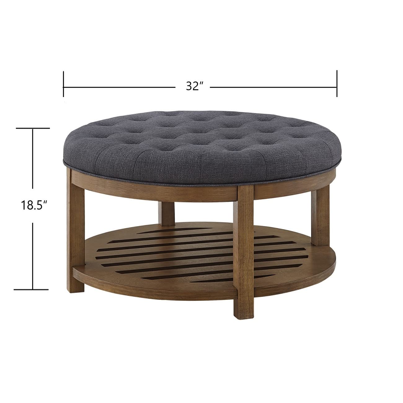 24K Gold Large Round Upholstered Tufted Linen Ottoman Coffee Table with Wood Shelf Storage - Charcoal Footrest Ottoman for Living Room, Bedroom & Home Decor