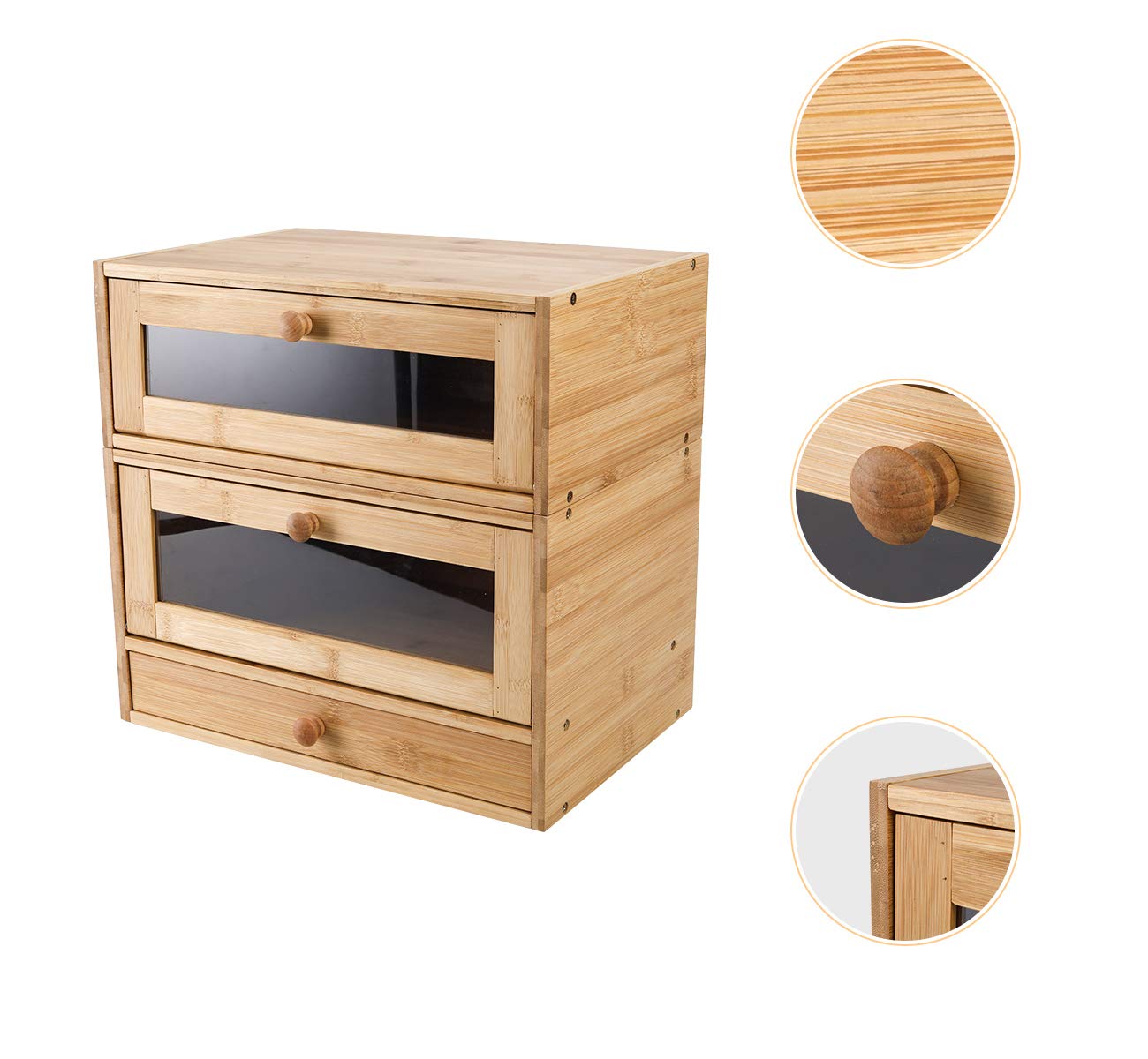 **2-Tier Bamboo Bread Box with Window & Utensil Drawer - Stackable Kitchen Countertop Storage for Bread, Buns & Pastries - Natural Wood Organizer for Small Spaces**