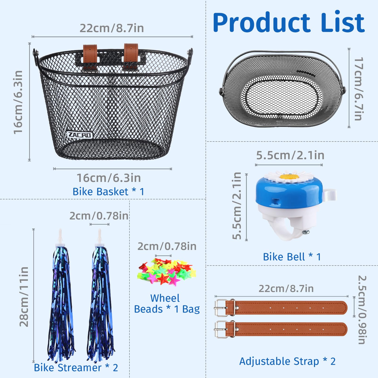 **Upgraded Zacro Kids Bike Basket with Bell & Streamers - Durable Bicycle Basket for Boys & Girls - Perfect for Toddler Bikes & Scooters - Ideal for School, Park Rides & Outdoor Adventures**