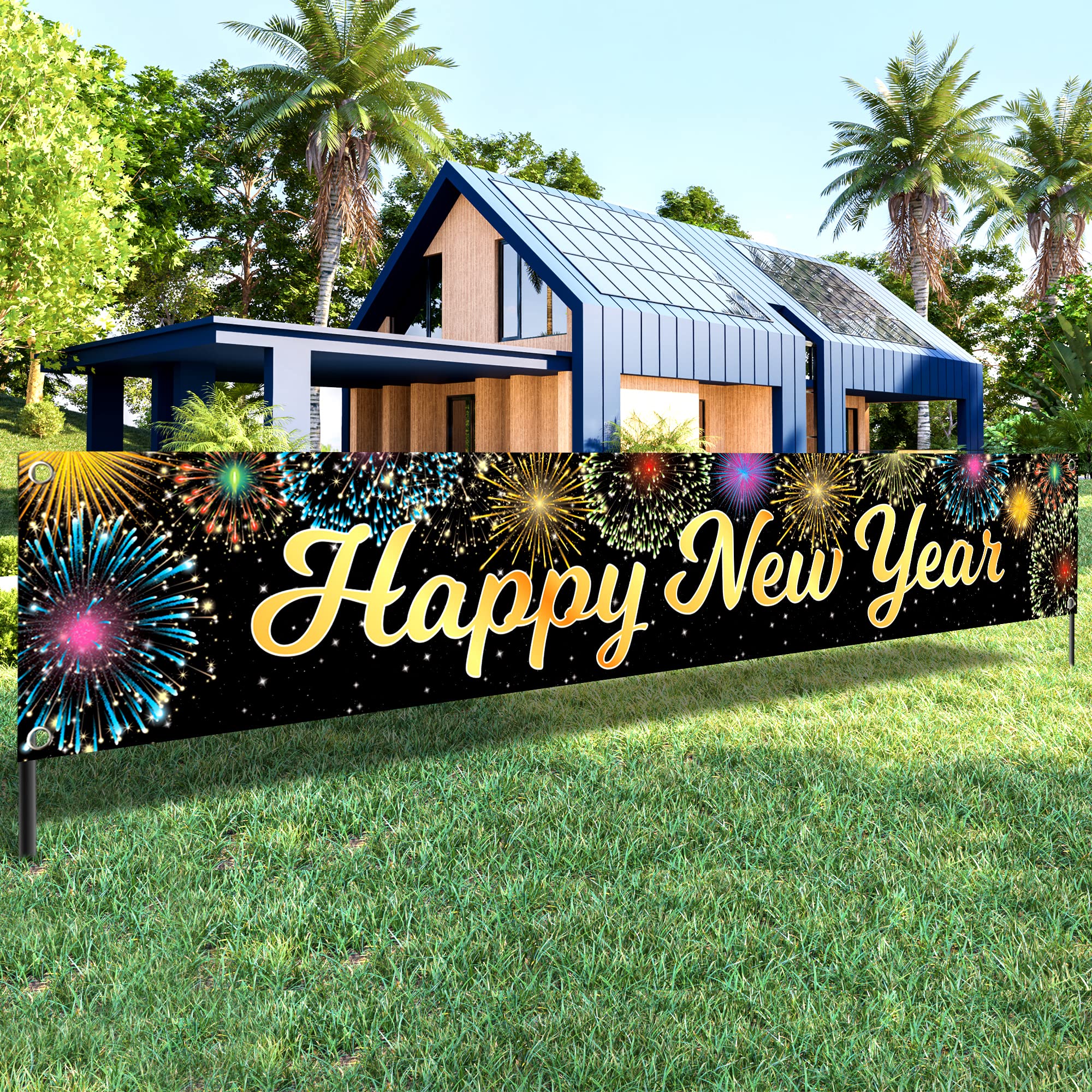 KatchOn 2025 Happy New Year Banner - 120x20 Inch Large Yard Sign for Outdoor & Indoor NYE Party Decorations | New Year's Eve Party Supplies 2025 | Durable Holiday Decoration for Home, Lawn, Office & Festive Celebrations