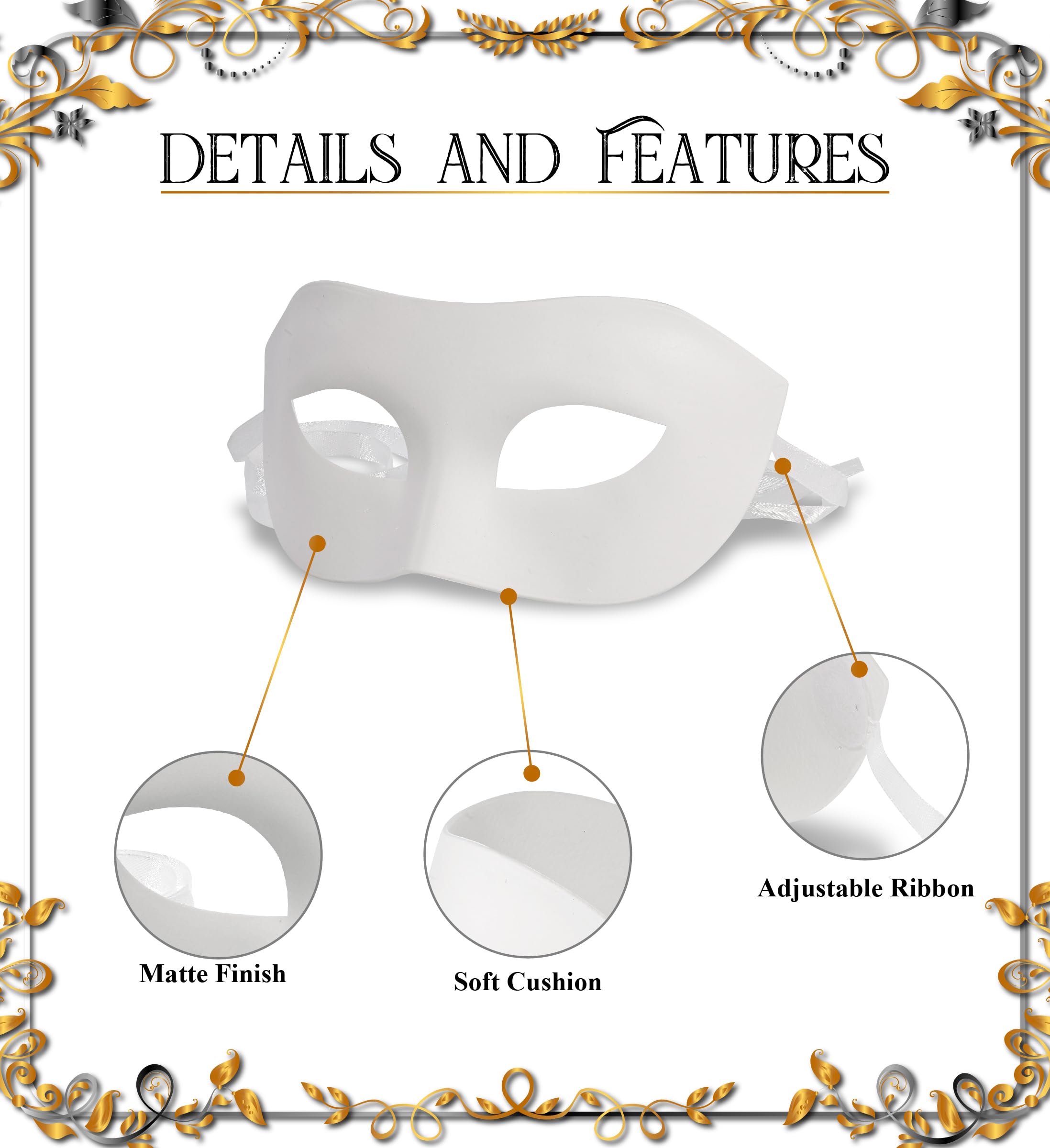 Elegant Venetian Half Face Mask for Women & Men - White Masquerade Ball Mask, Mardi Gras & Halloween Costume Accessory - Perfect for Parties, Balls, and Themed Events