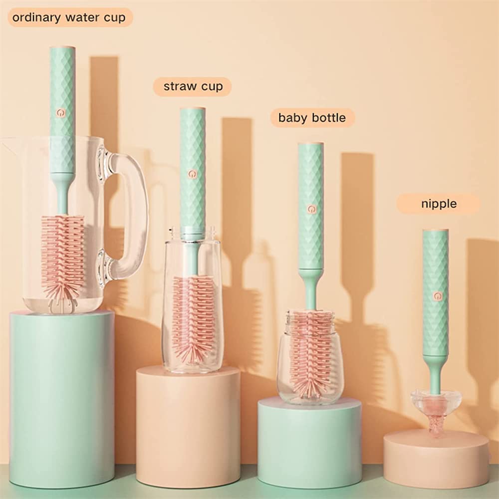 Electric Silicone Bottle Brush Set - Rechargeable Baby Bottle Cleaner with Nipple & Straw Brush, 3-Piece Travel Cleaning Kit for Moms (Green) | Perfect for Home, Travel & Daycare Use
