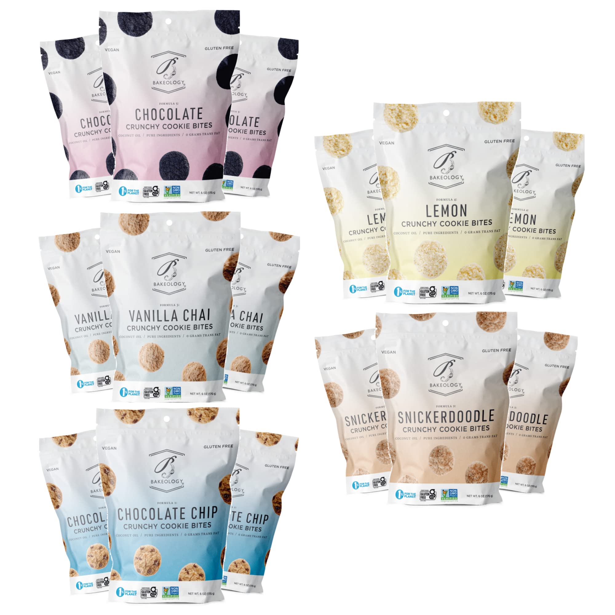 Bakeology Gluten Free Vegan Cookies - 15 Pack (5 oz Each) | Chocolate Chip, Chocolate, Snickerdoodle, Lemon & Vanilla Chai Flavors | Healthy Snacks for School, Office & Travel