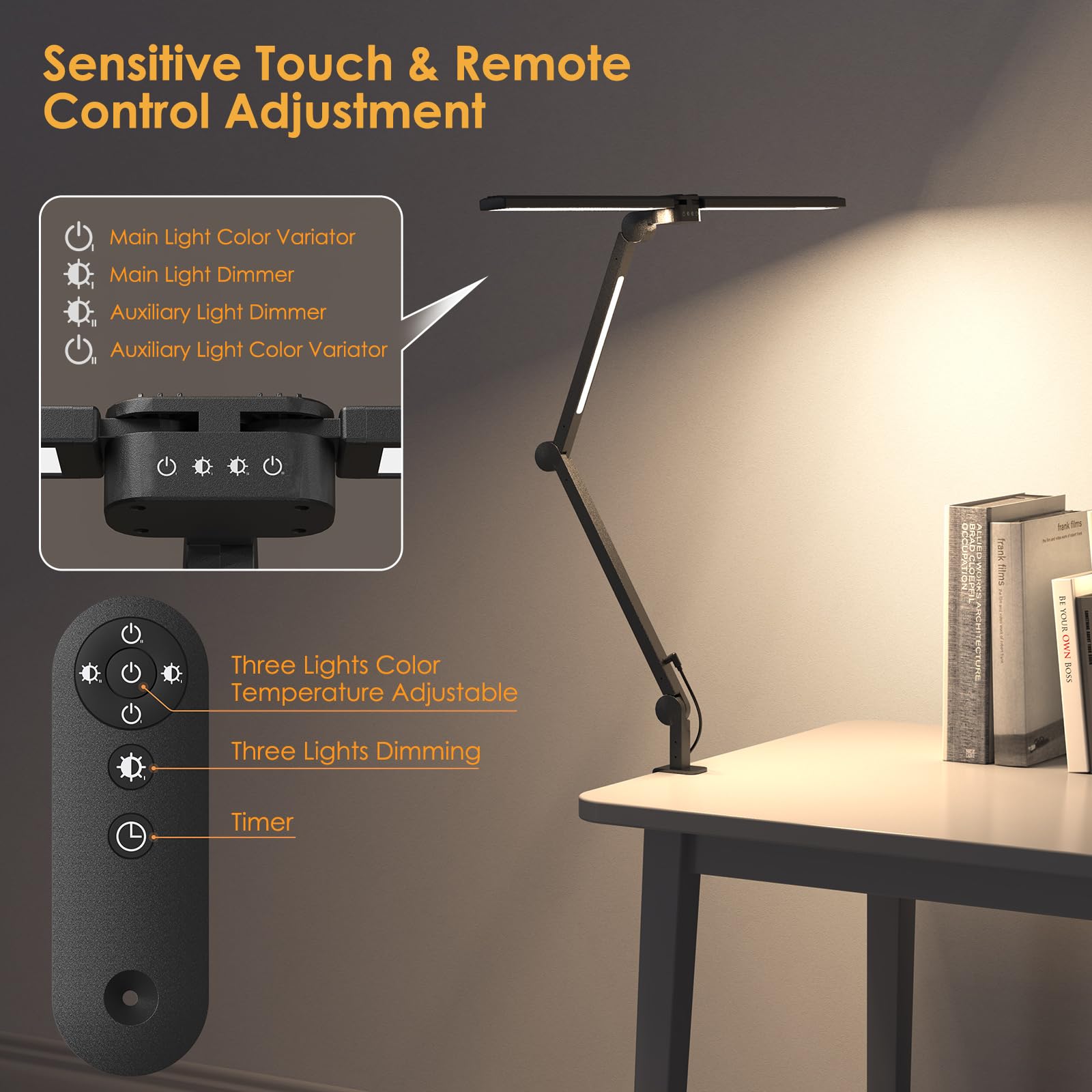 LED Desk Lamp with Remote Control - Flexible Clamp Light, 25 Eye-Caring Modes, Adjustable Brightness for Home Office, Study & Reading | Dimmable Table Lamp with Solid Base for Work, Gaming & Nightstand Use
