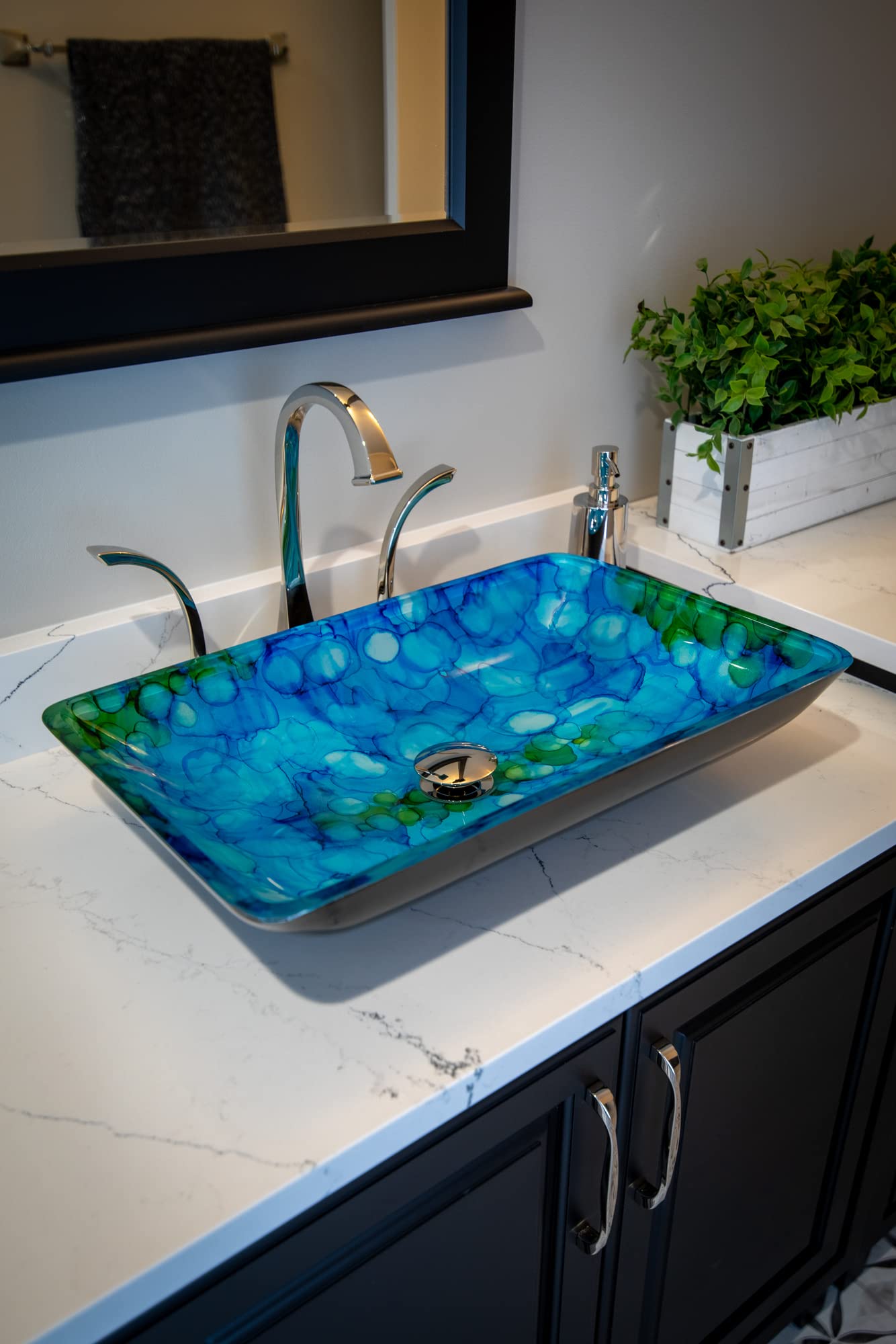Blue and Green Water Lilies Rectangular Glass Vessel Sink for Bathroom - Modern Art Decor Vanity Sink for Home & Hotel Use - Perfect for Spa, Powder Room, and Luxury Bathroom Renovations