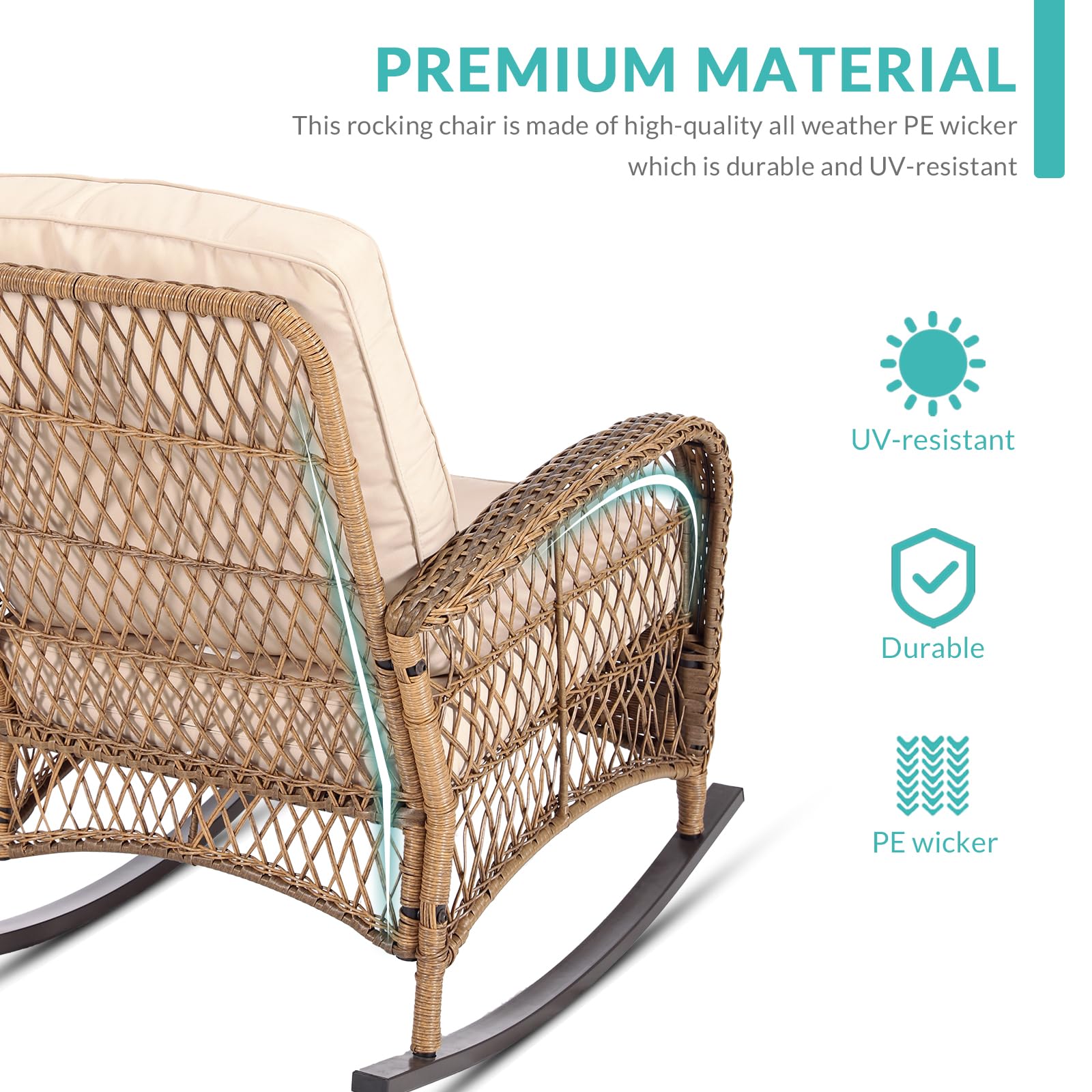 MEETWARM Outdoor Wicker Patio Rocking Chair Set of 2 - Cushioned Rattan Rocker with Steel Frame & Weather-Resistant Beige Cushions - Perfect for Porch, Deck, Poolside & Garden Relaxation