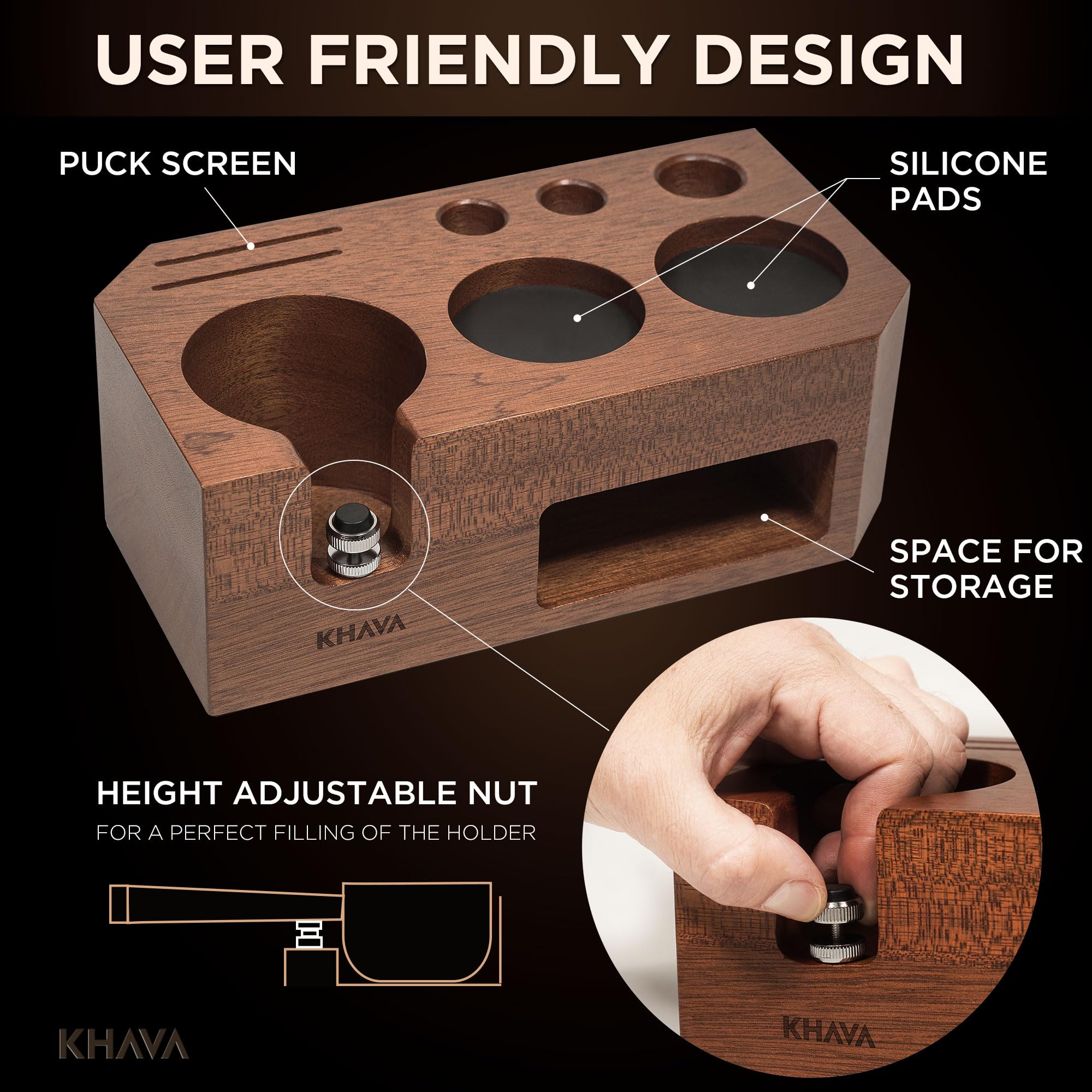 KHAVA Wooden Espresso Tamping Station 58mm - Coffee Bar Organizer for Countertop & Portafilter Holder