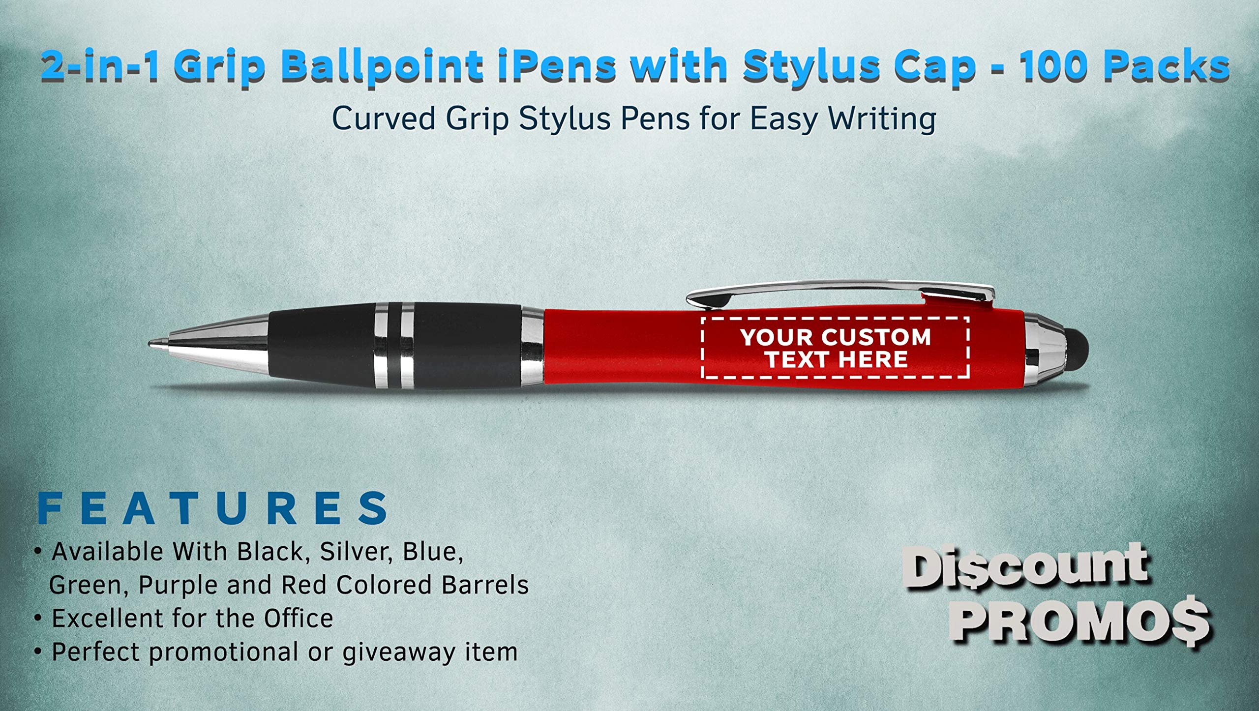 Customized Ballpoint Pens with Stylus Grip - 100 Pack Bulk Office Supplies - Personalized Text & Logo Printing - Red Plastic Pens for Business Promotions, School, and Office Use