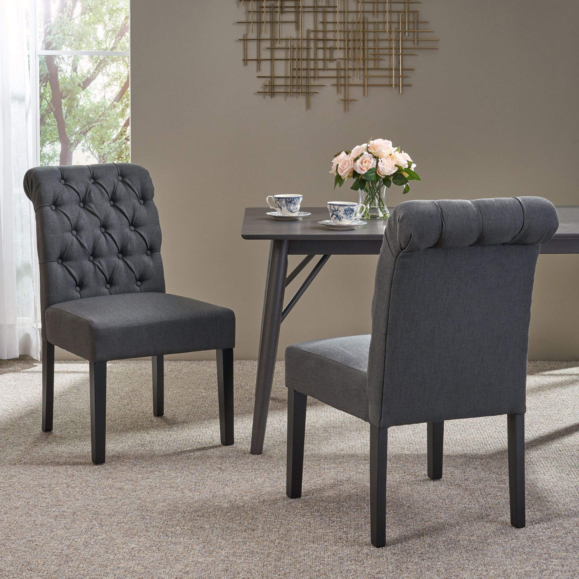 Noble House Broxton Tufted Rolltop Dining Chairs - Set of 2, Dark Gray Upholstered Accent Chairs for Dining Room, Kitchen, or Office | Comfortable & Stylish Seating Solution