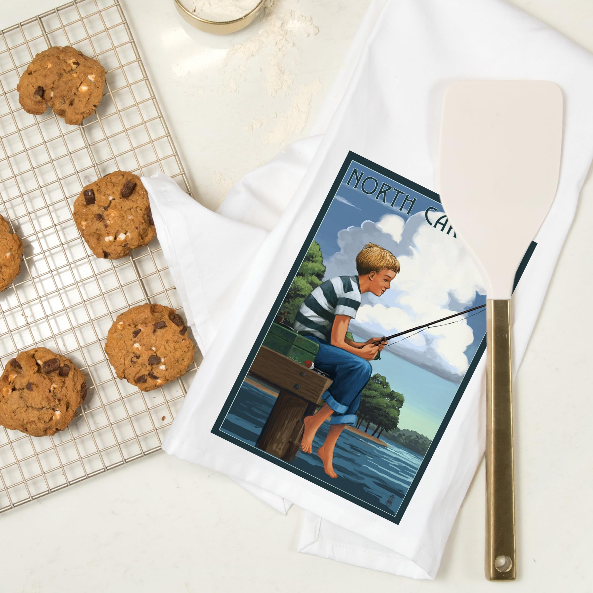 Lantern Press North Carolina Boy Fishing - 100% Cotton Tea Towel, Decorative Hand Towel for Kitchen, Bathroom & Home Decor | Perfect for Dish Drying, Wall Art & Gift Giving
