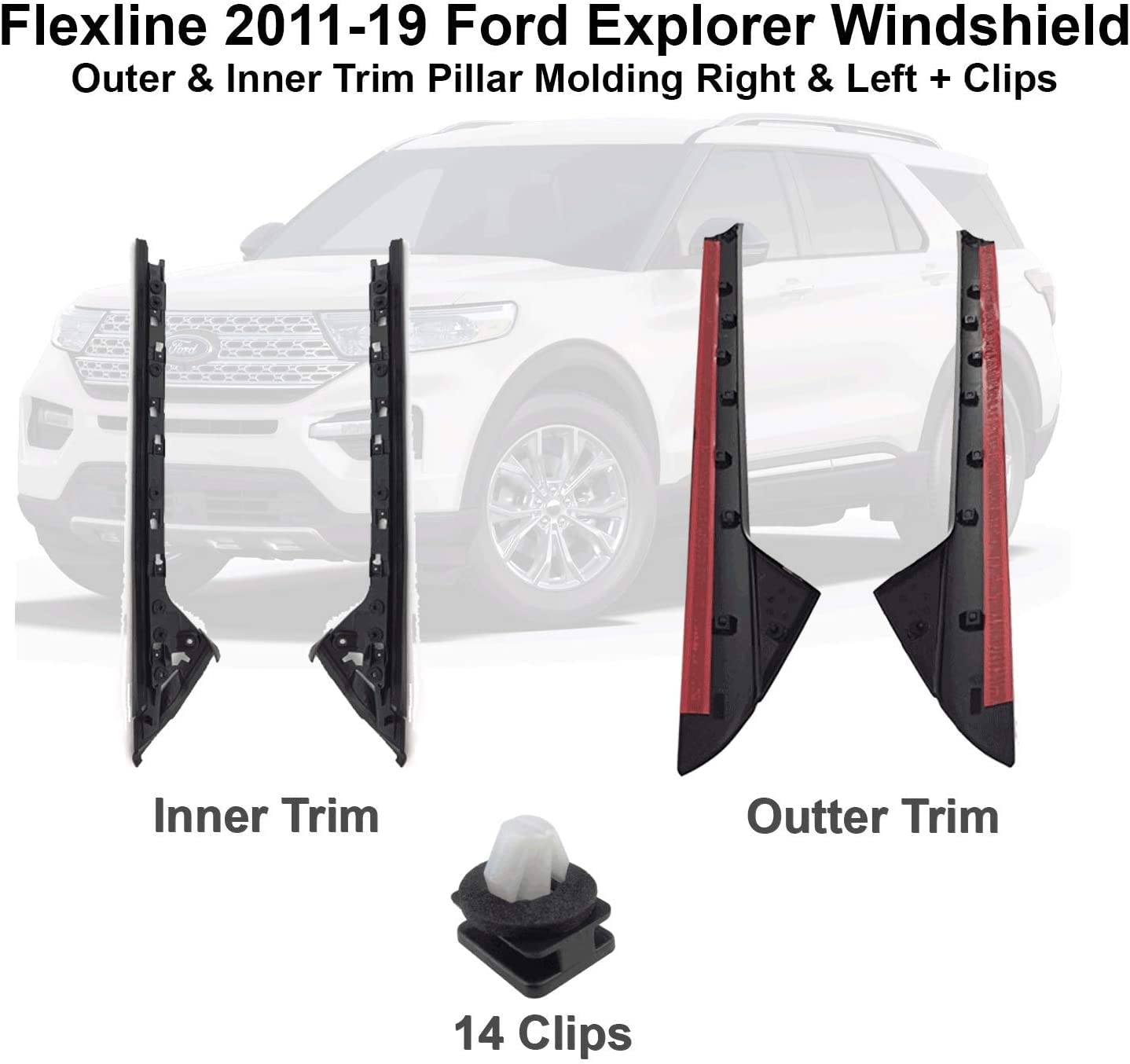 2015 Ford Explorer Windshield Molding Kit - Glossy Outer Trim & Inner Pillar Molding Set (Left & Right) with Free Clips - Perfect for Driver & Passenger Side Replacement - DW1843 by Flexline - Ideal for Weather Protection and Vehicle Restoration