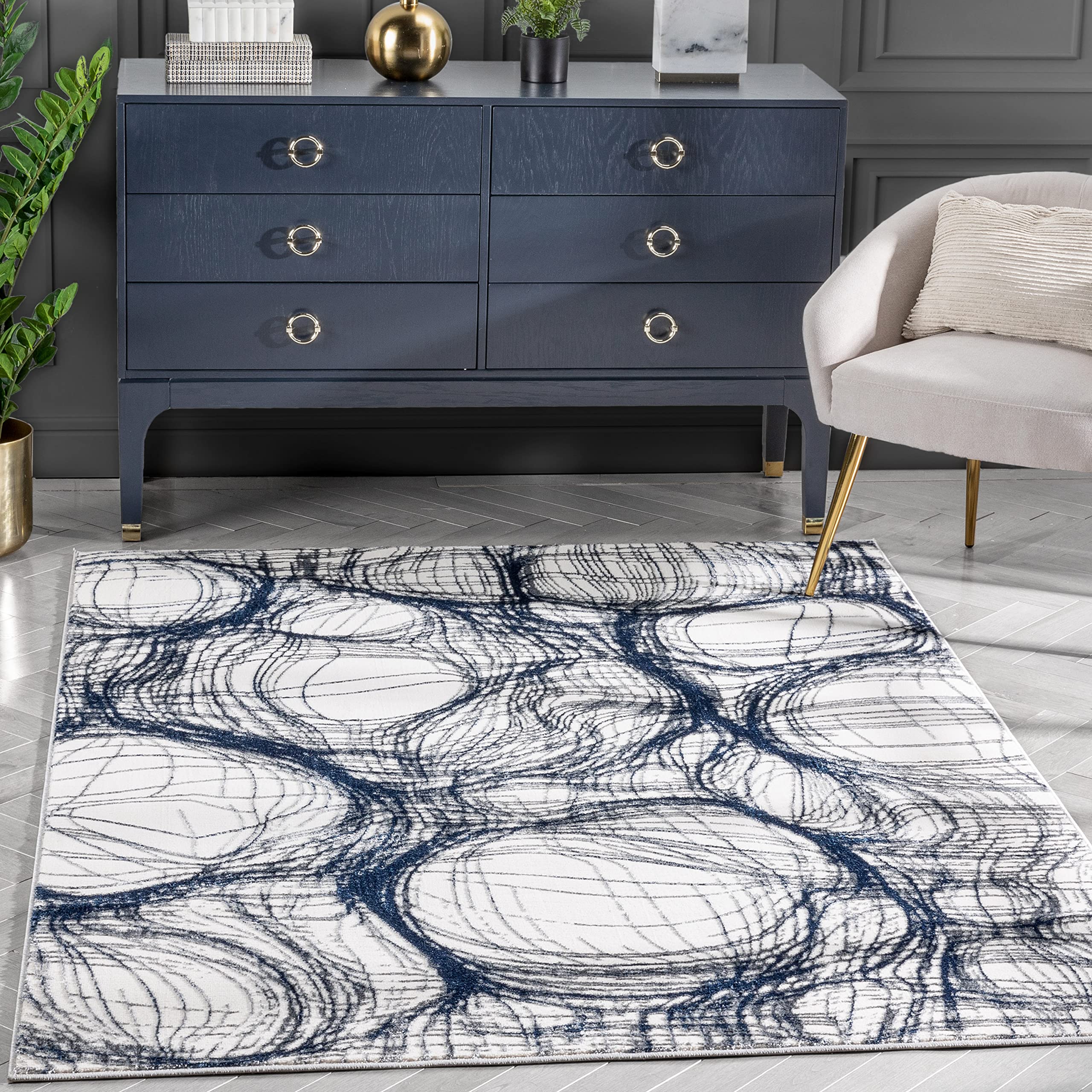 Well Woven Shoanae Abstract Blue Geometric Bubbles Soft Glam Area Rug 5x7 (5'3