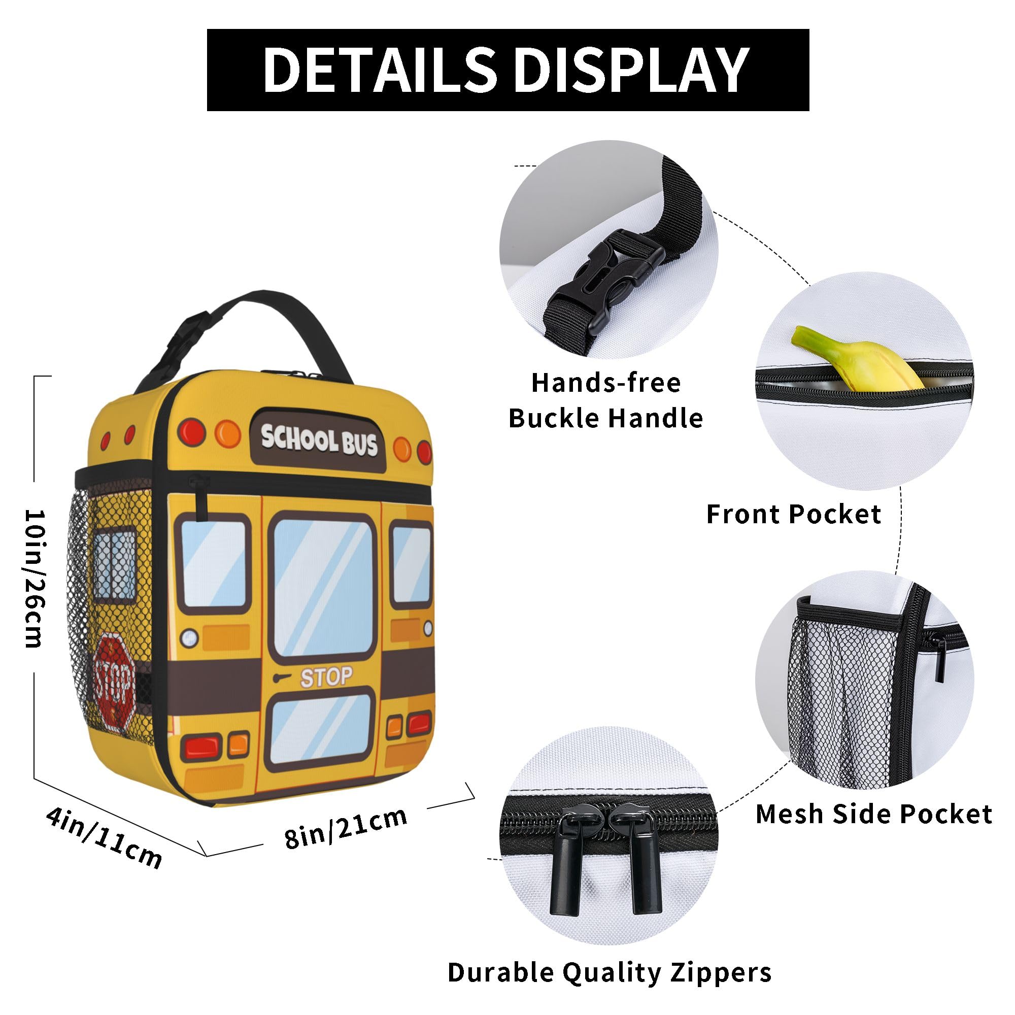 Insulated Reusable Kids Lunch Box for Boys & Girls - Leakproof High Capacity School Lunch Bag with Pockets, Thermal Cooler Sack for Picnic, Camping, Travel & Daily School Use (School Bus Design)