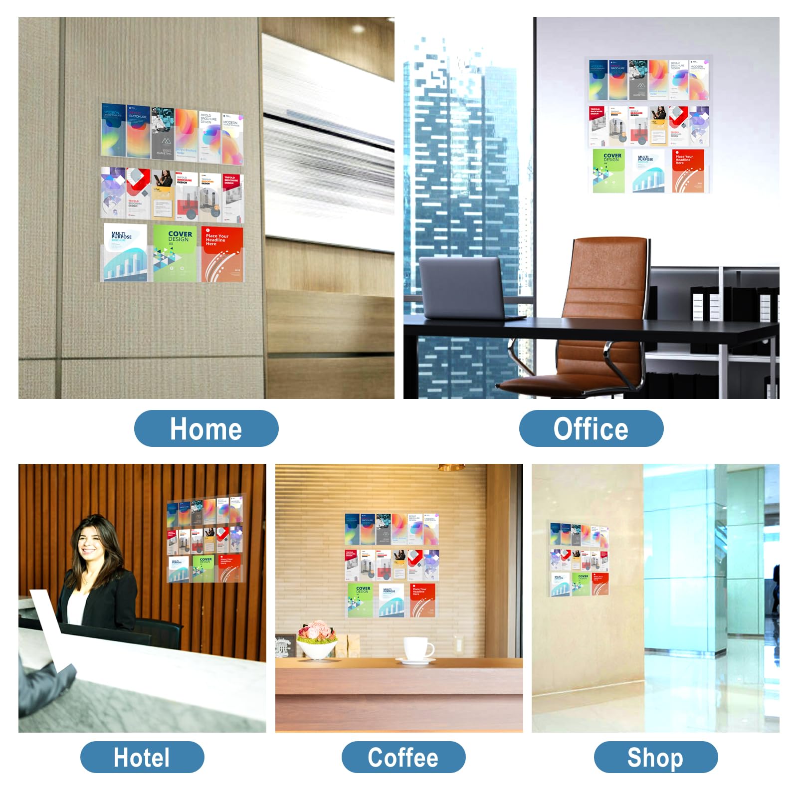 Clear Acrylic Wall Mount Brochure Holder - Magazine & Pamphlet Display Organizer Rack for 12 Pamphlets + 3 Magazines - Business Card Holders & Index Tabs - Perfect for Offices, Restaurants, Hotels & Retail Stores