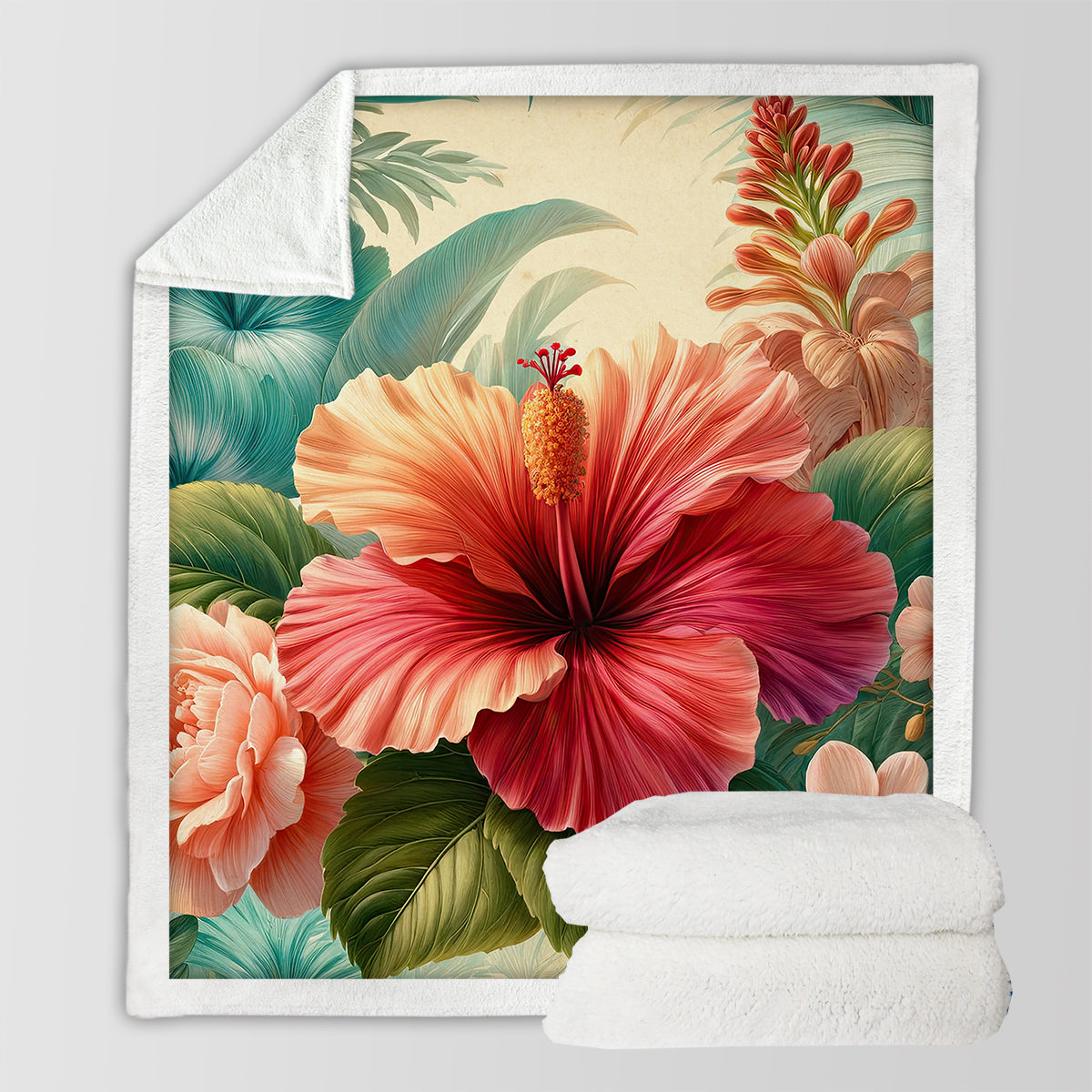 Soft Sherpa Blanket with Hibiscus Flower Design - Cozy Flannel Throw for Bed, Couch & Outdoor Use - Warm & Plush Winter Blanket for Home Decor, Gifts & Camping