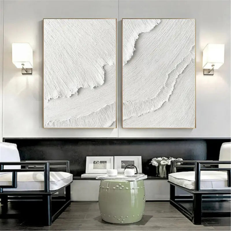 Minimalist White Textured Canvas Paintings - Set of 2 Modern Abstract Wall Art (MM065) | Perfect for Living Room, Bedroom & Office Decor