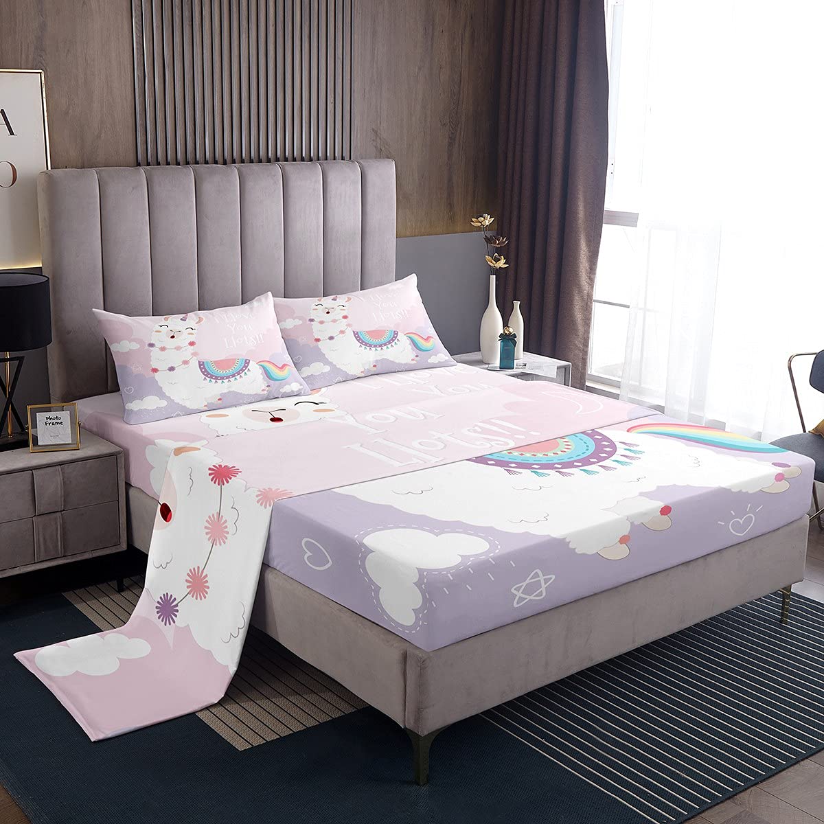 Erosebridal Llama Bed Sheet Set for Girls - Twin Size Cute Boho Alpaca Bedding with Rainbow Animal Tail - 3 Piece Pink Purple Pastel Fitted & Flat Sheets - Perfect for Kawaii Bedroom Decor and Kids Room Makeover