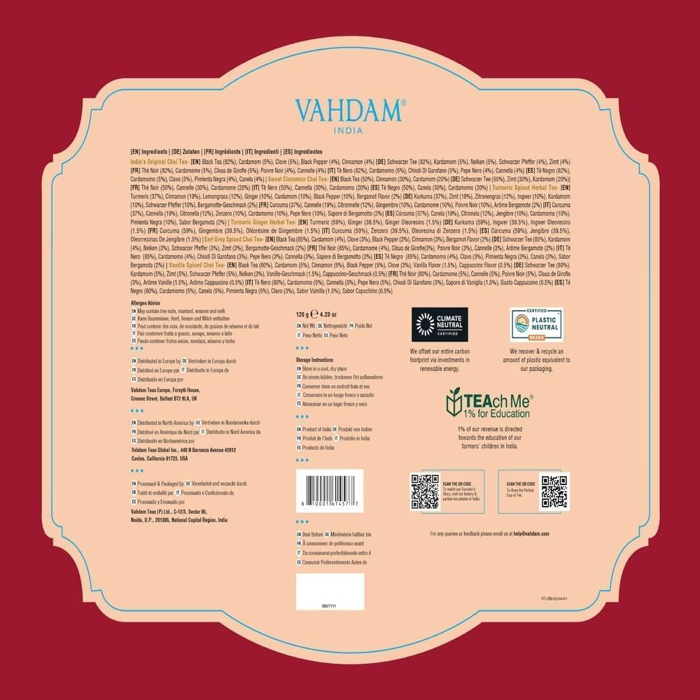 VAHDAM Assorted Chai Tea Variety Pack - 6 Flavors, 36 Pyramid Tea Bags | Indian Masala Chai, Caffeinated, Gluten Free & Non-GMO | Perfect for Gifts, Office, or Relaxing at Home