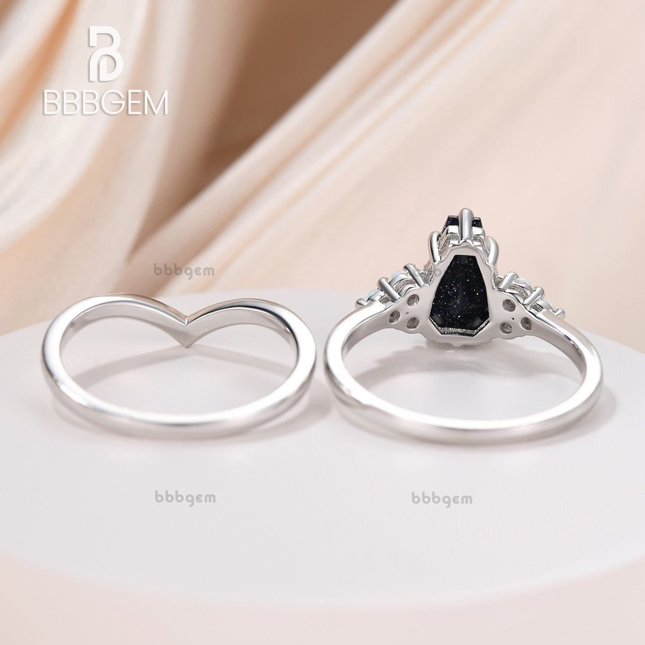 Gothic Coffin Blue Goldstone & Sandstone Ring Set - Engraved White Gold Nesting Band for Women - Perfect for Halloween, Gothic Fashion & Dark Aesthetic Jewelry Lovers