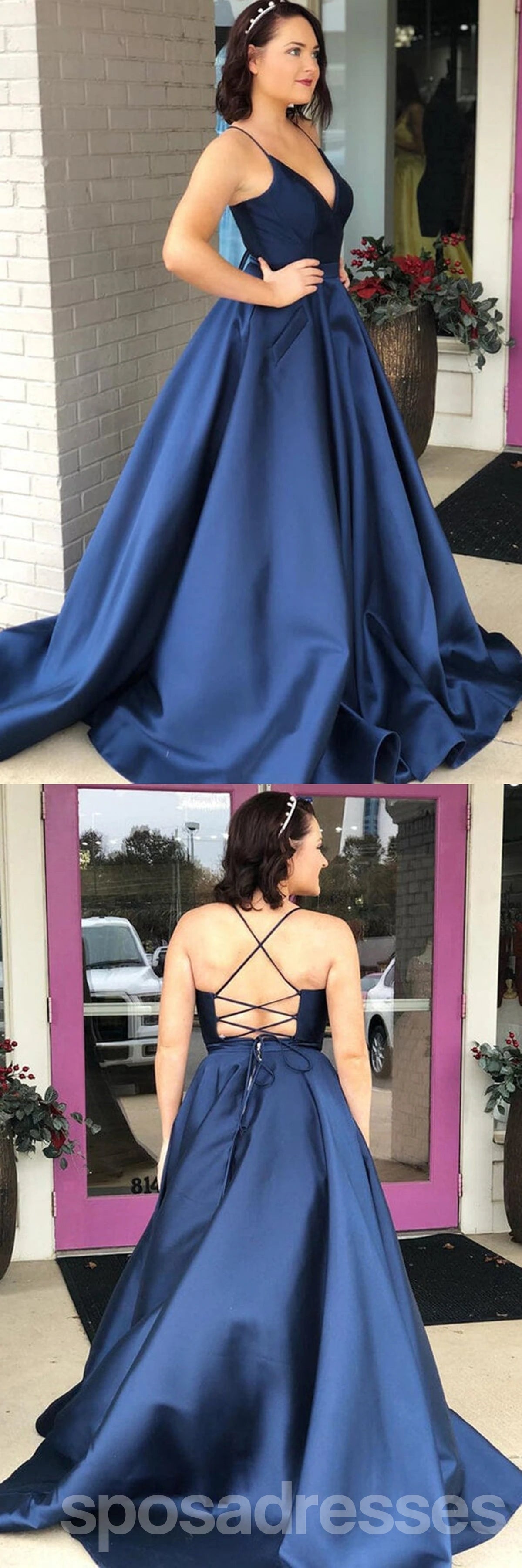 **Elegant Navy Blue A-Line Spaghetti Strap V-Neck Long Prom Dress for Women – Perfect for Homecoming, Formal Dances & Special Occasions**