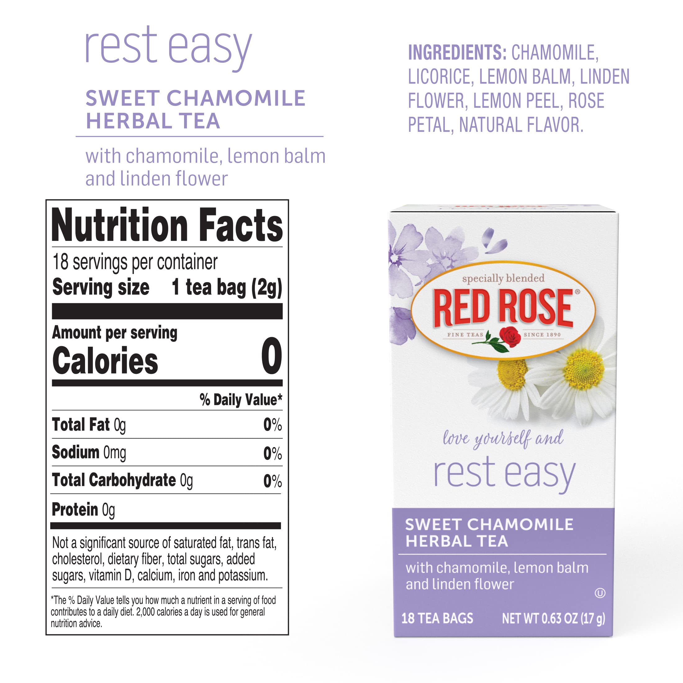 Organic Red Rose & Chamomile Herbal Tea - Caffeine Free, Supports Digestion - 18 Individually Wrapped Tea Bags (Pack of 6) - Perfect for Relaxation, Stress Relief & After-Meal Wellness