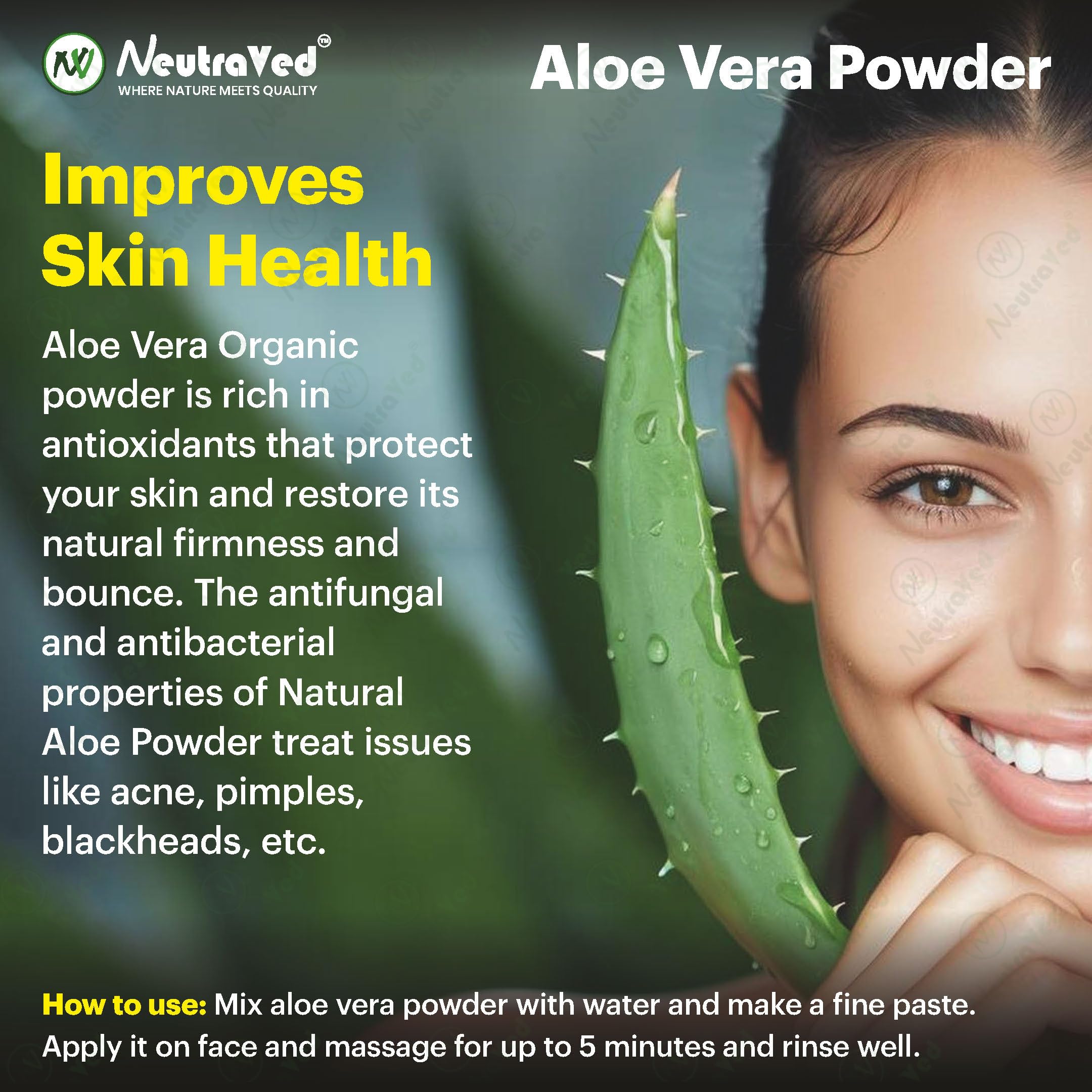 NeutraVed Organic Aloe Vera Powder 100g - 100% Pure Natural for Hair Growth, Face Care & Skin Hydration | DIY Beauty Recipes, Smoothies & Sunburn Relief