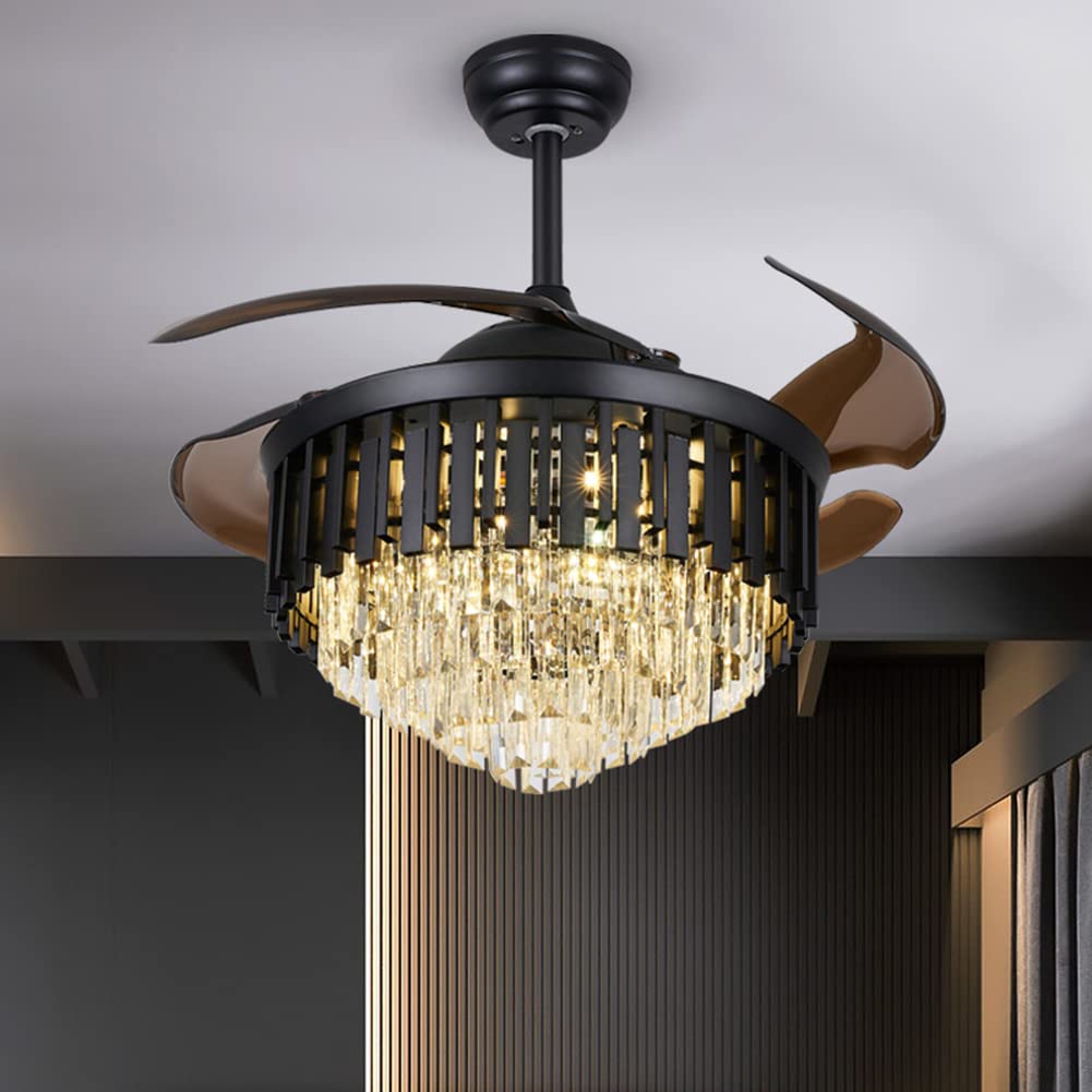 **Retractable Black Ceiling Fan with Lights & Remote Control - 3-Speed Quiet Fandelier for Bedroom, Living Room, Dining Room - Modern Chandelier Fan for Home & Office**
