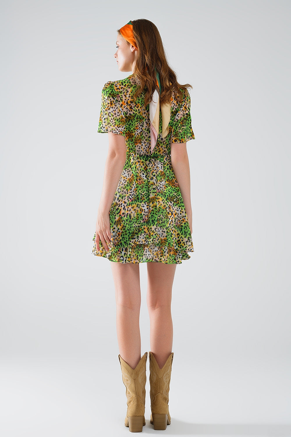 Women's Short Green Multicolor Robe with Animal Print Cross Top - Perfect for Loungewear, Beach Cover-Up, and Casual Outfits
