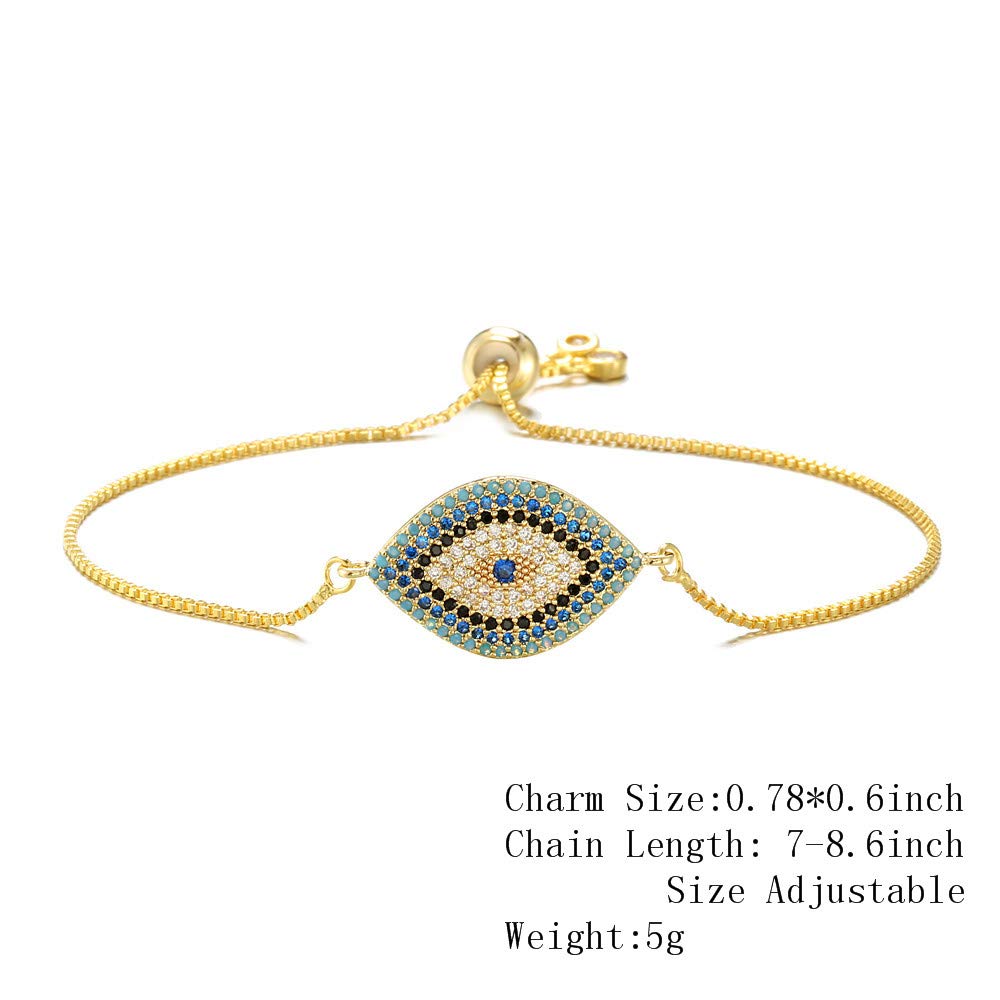 Trendy Gold Plated Evil Eye Bracelet for Women - Adjustable Turkish Blue Eye Pave CZ Chain Jewelry - Perfect for Parties, Gifts & Boho Fashion Accessories