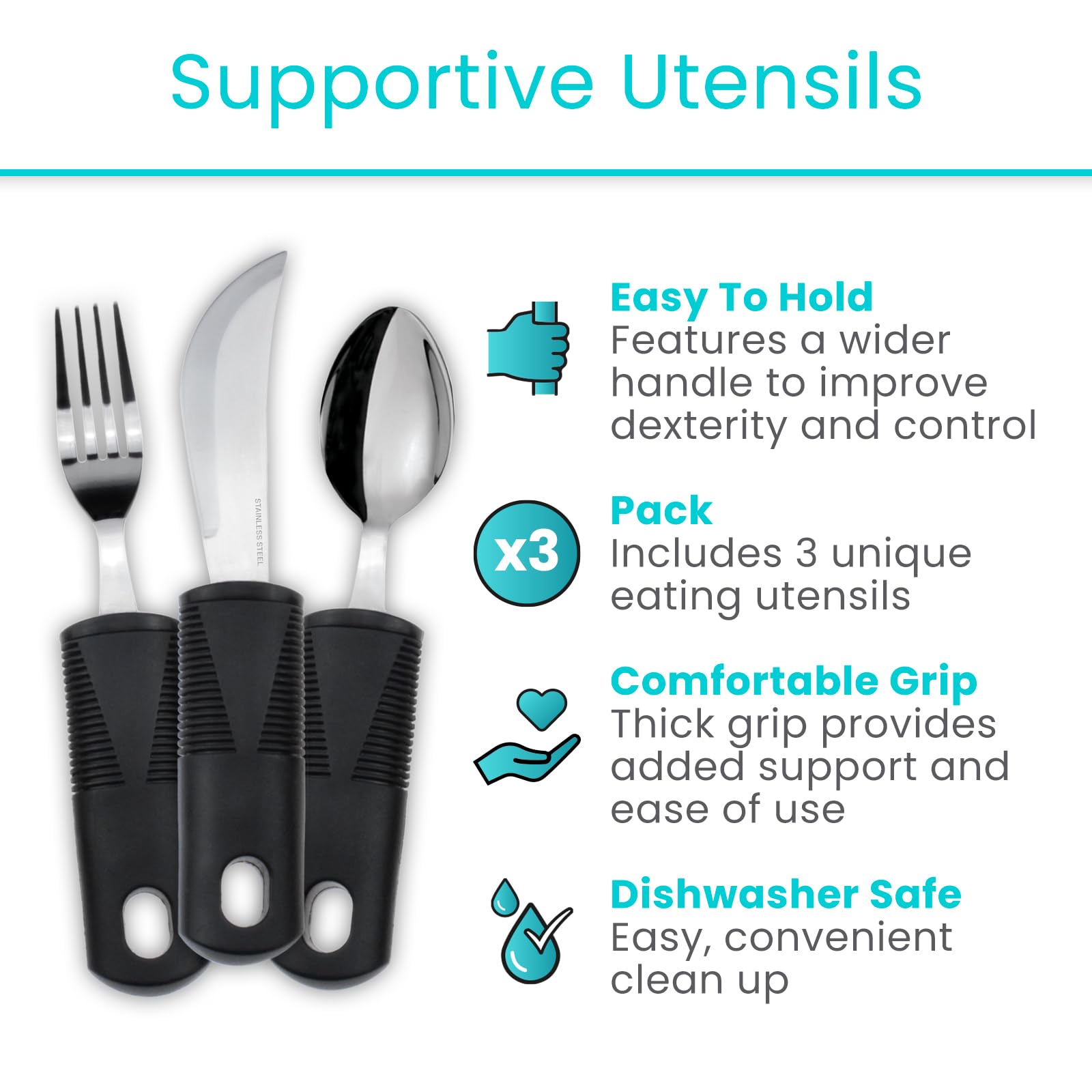 Vive Adaptive Utensil Set for Arthritis & Parkinson's - Easy Grip Stainless Steel Silverware for Hand Tremors & Shaking Hands - Heavy Duty Spoon, Fork & Knife for Seniors & Disabled - Perfect for Dining, Assisted Living & Home Care
