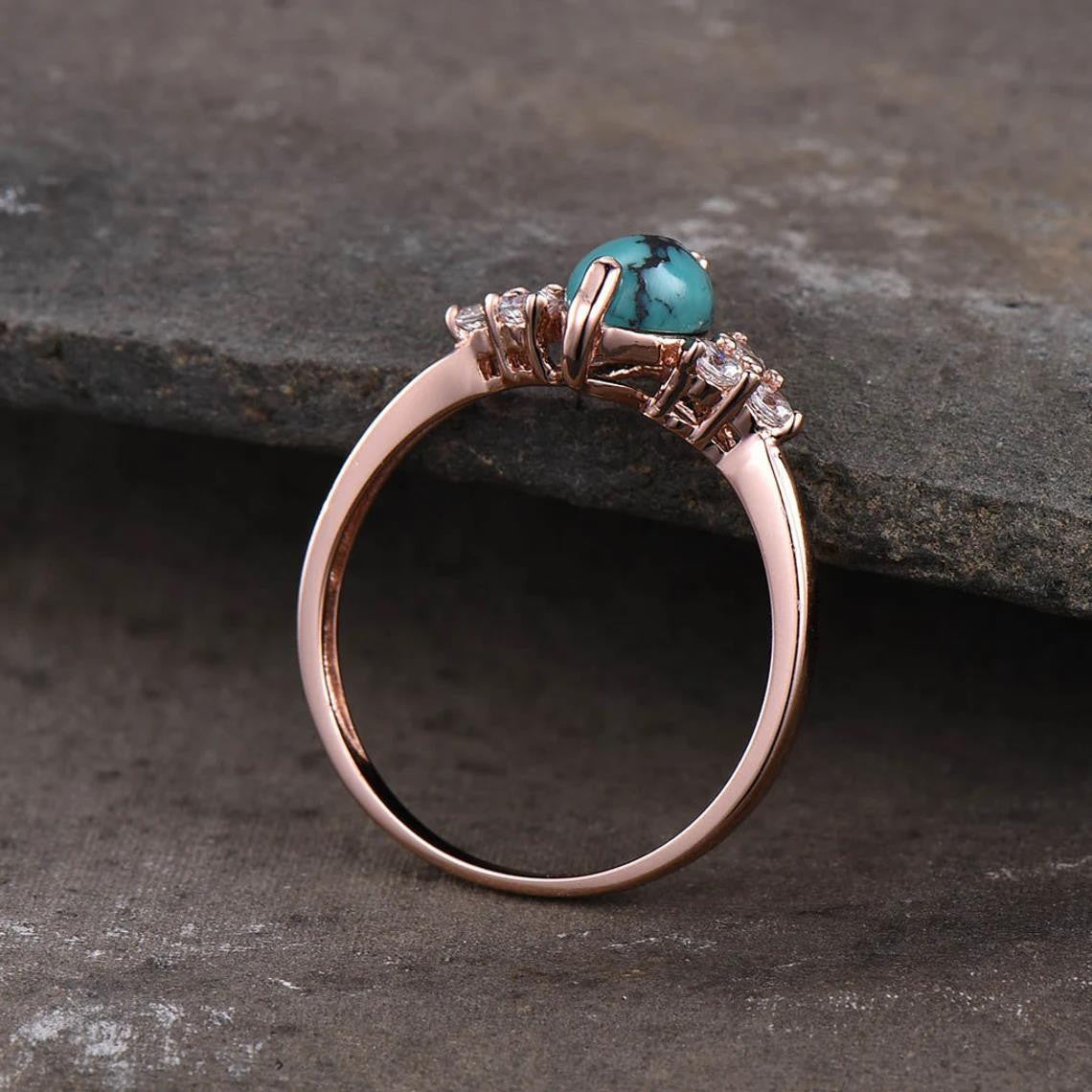 Marquise Turquoise Engagement Ring with Three Diamond Side Stones in 14k Gold Band - Perfect for Proposals, Weddings & Anniversary Gifts