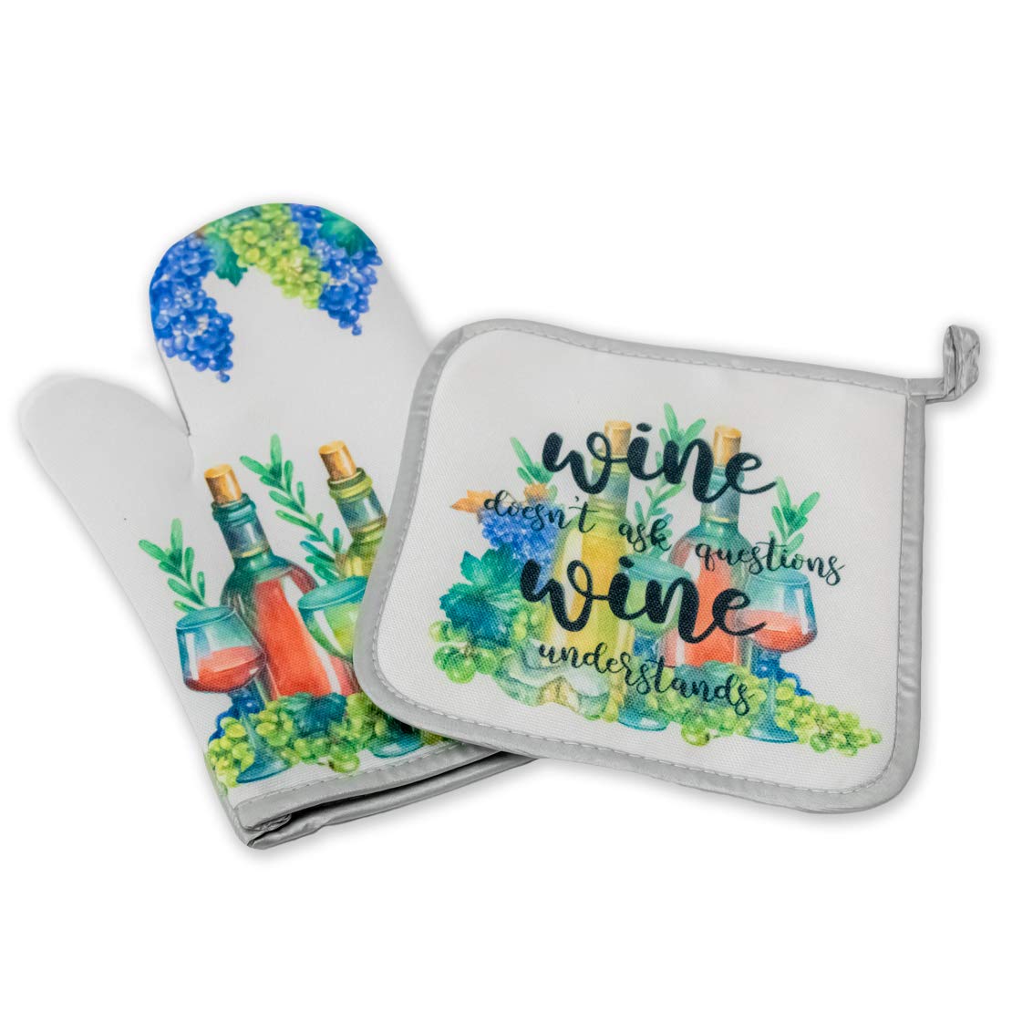 Decorative Kitchen Hot Plate Pot Holder Oven Mitt Set - Wine & Grape Themed Purple Green Heat Resistant Cooking Accessories for Spring Summer Fall | White Home Decor for Holiday & Christmas Gift Giving | Perfect for Baking, Cooking, and Hosting Dinner Parties