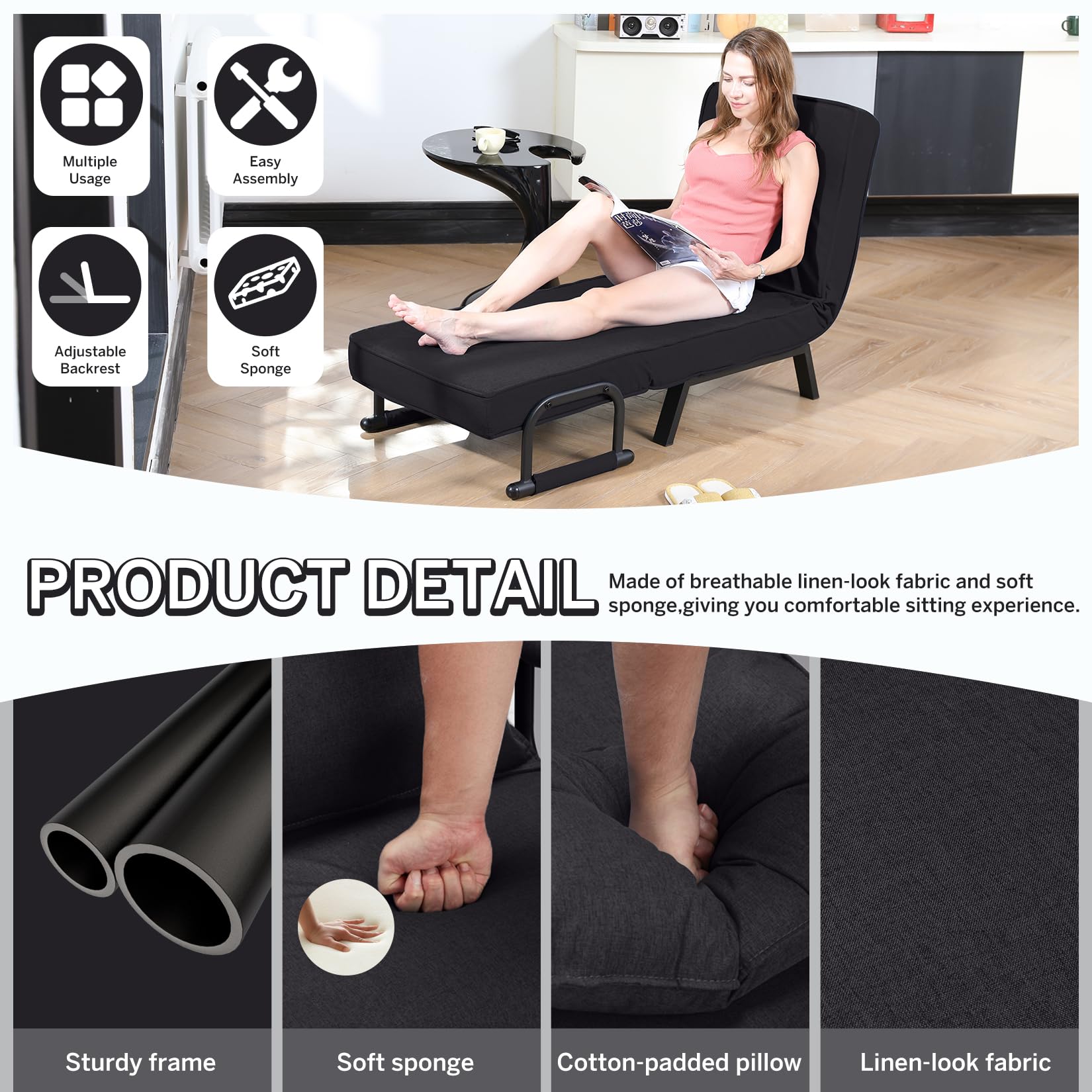 3-in-1 Convertible Sleeper Chair with 6 Adjustable Positions - Foldable Chaise Lounge & Recliner Sofa for Living Room, Study, Office (Black) | Perfect for Small Spaces, Guest Rooms & Home Theaters