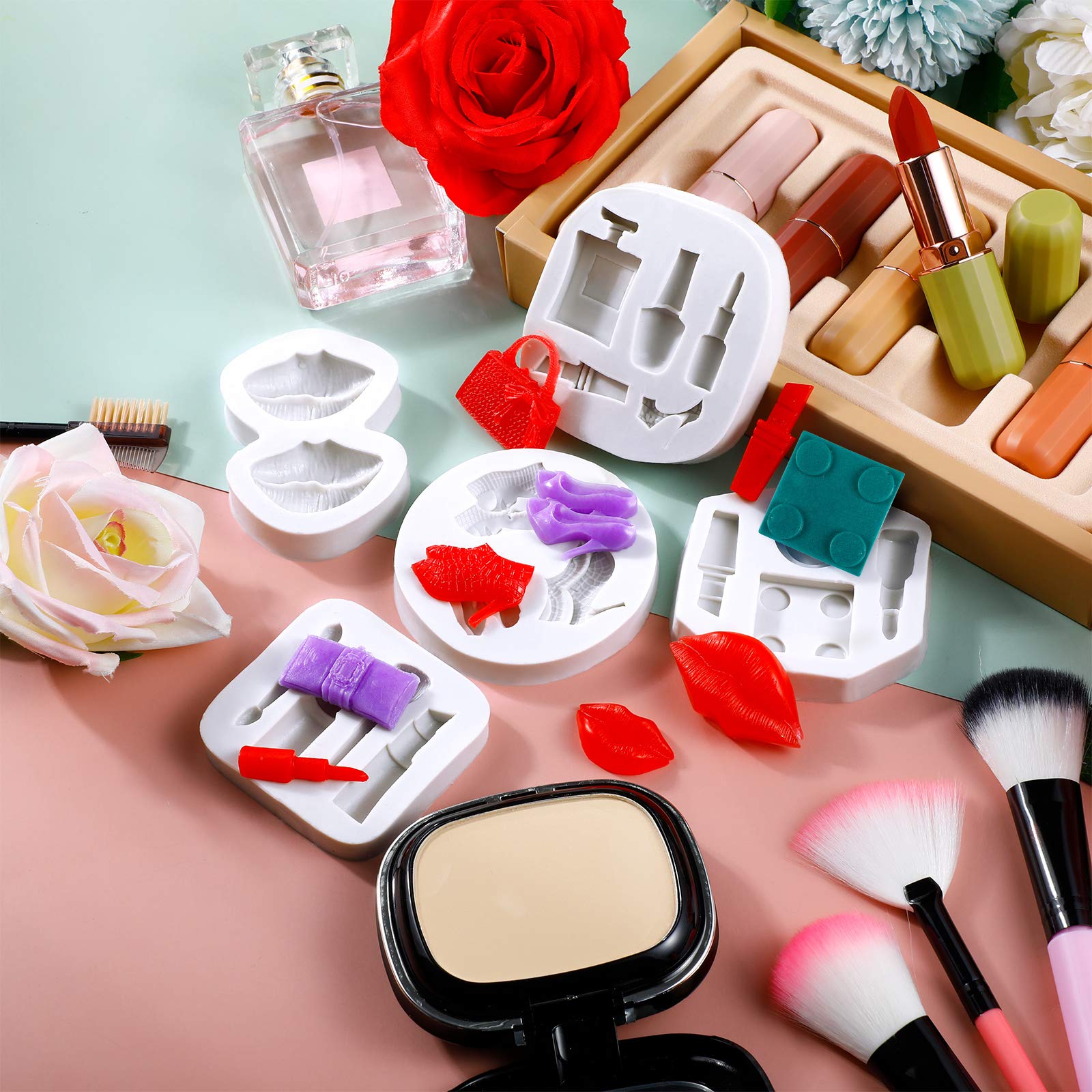 7-Piece Makeup Theme Silicone Molds Set for Cake, Chocolate, Lipstick, Perfume & High Heels - 3D Fondant Molds for Resin Crafts, DIY Decorating & Handmade Soap Making - Perfect for Birthday Parties, Wedding Favors & Baking Supplies