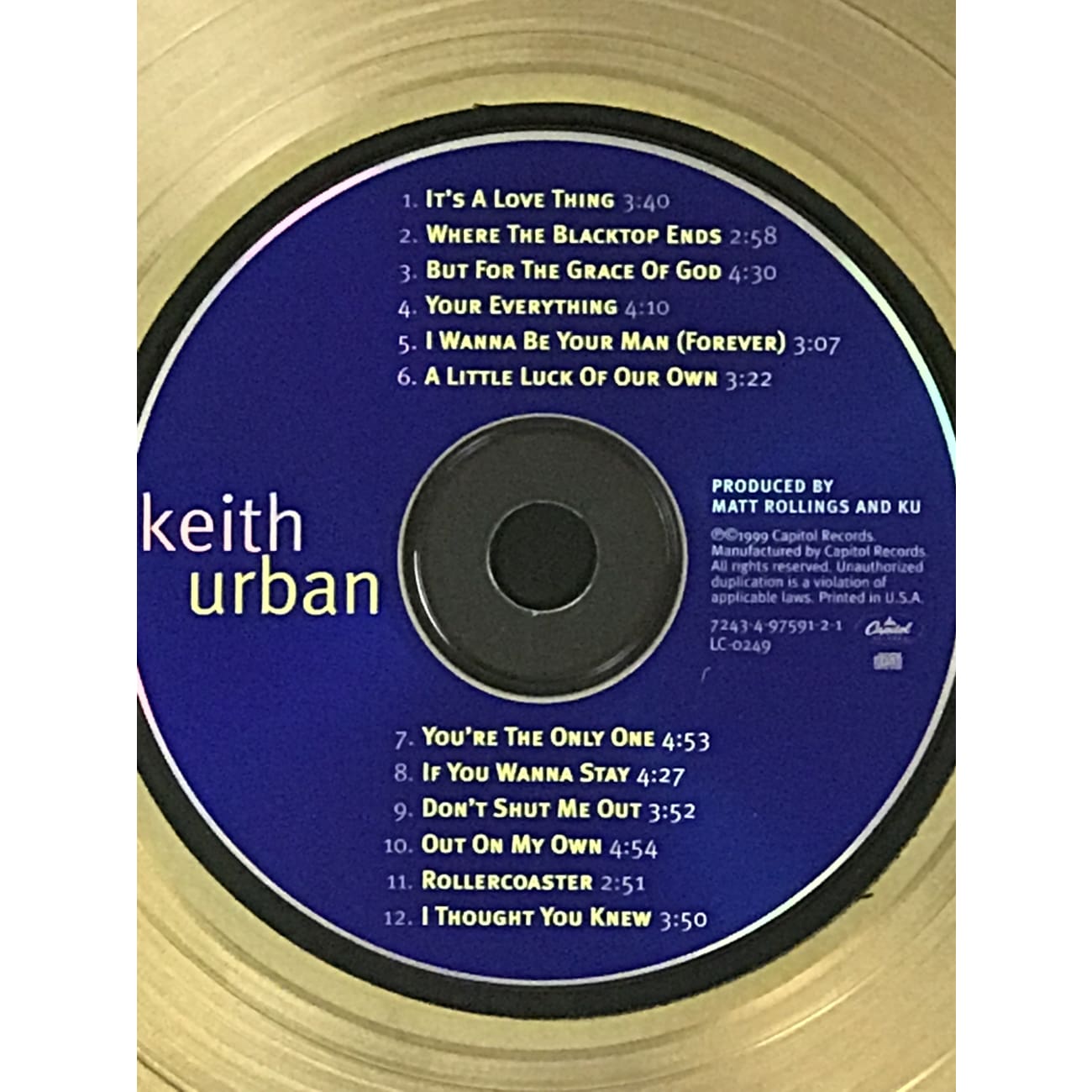 Keith Urban Self-Titled RIAA Gold Album Award - Certified Music Collectible for Fans & Display