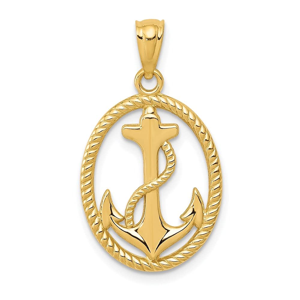 14K Yellow Gold Polished Anchor Rope Oval Pendant Necklace for Women - Perfect for Everyday Wear, Gifts & Nautical-Themed Jewelry Collections
